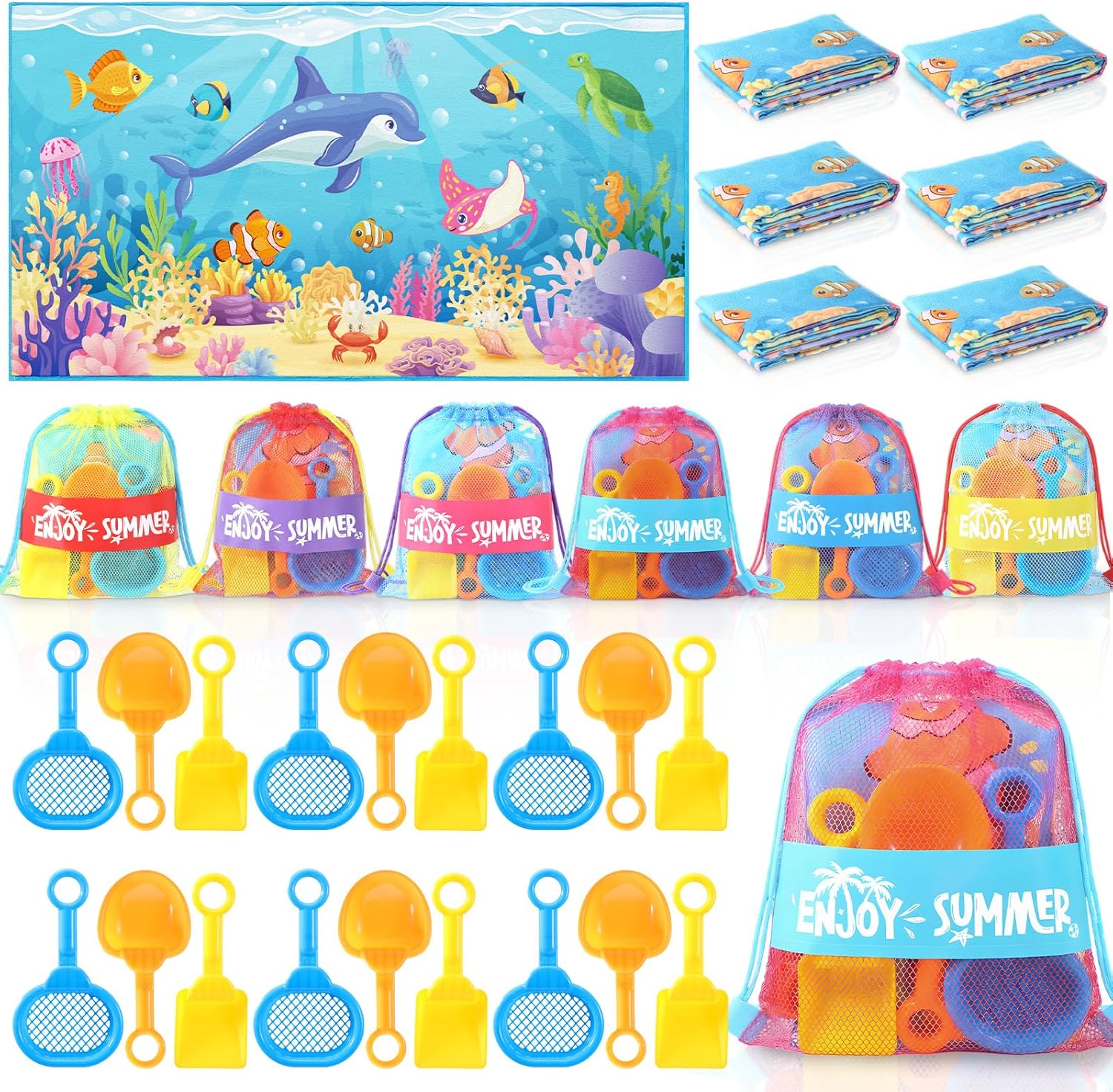 Honeydak 6 Set Summer Beach Party Favors End of Year Gift Pool Mesh Drawstring Bag Beach Towels Shovels Bulk for Pool Games Birthday Party Decor Summer End of Year Class Graduation Student Gifts