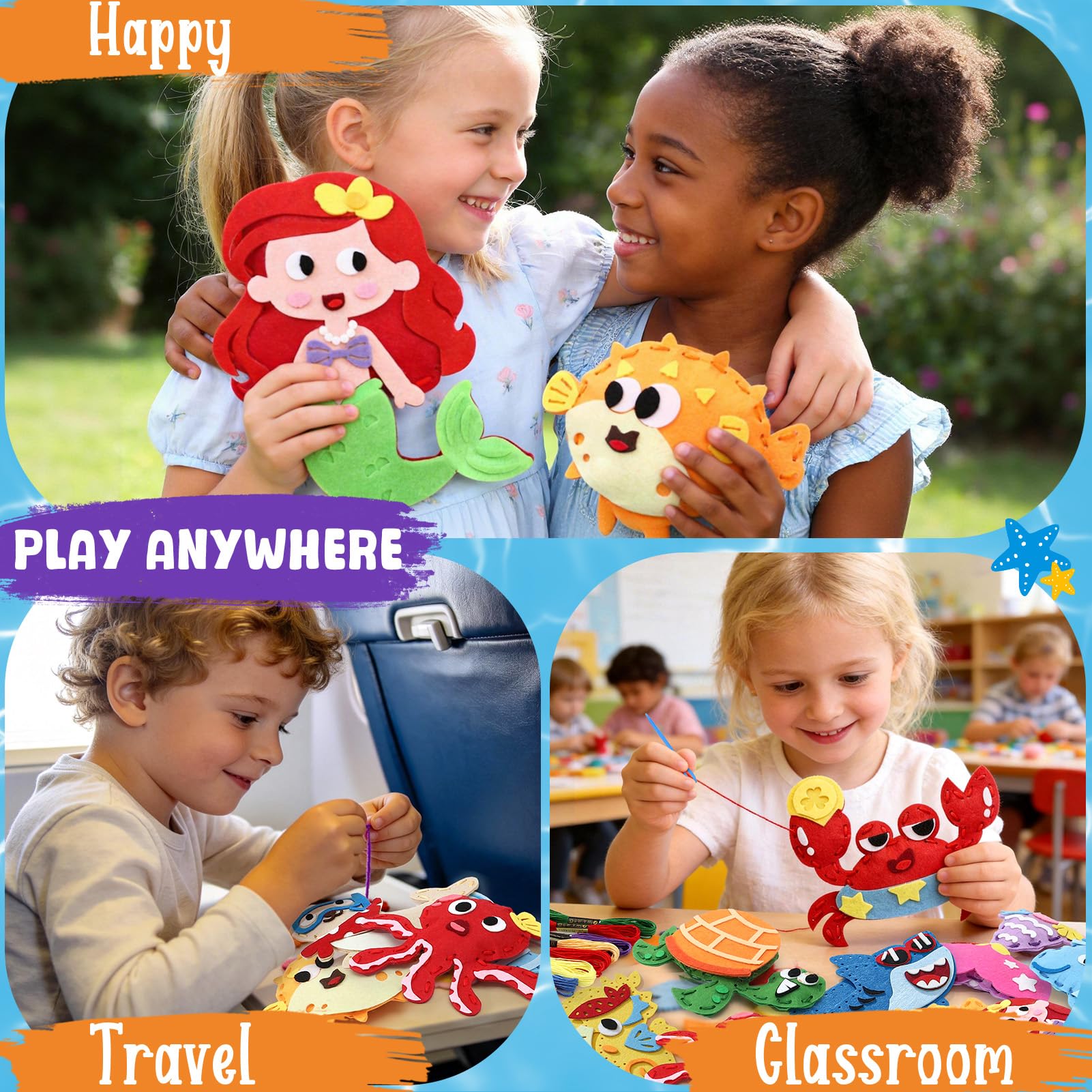 Toylink Kit Cucito in Fieltro per Bambini, Kit Lavoretti Creativi per Bambini con 12 Feltro & Fili da Ricamo & Aghi di Plastica, Fai Da Te Regalo Bambina Bambino 6 7 8 9 Anni