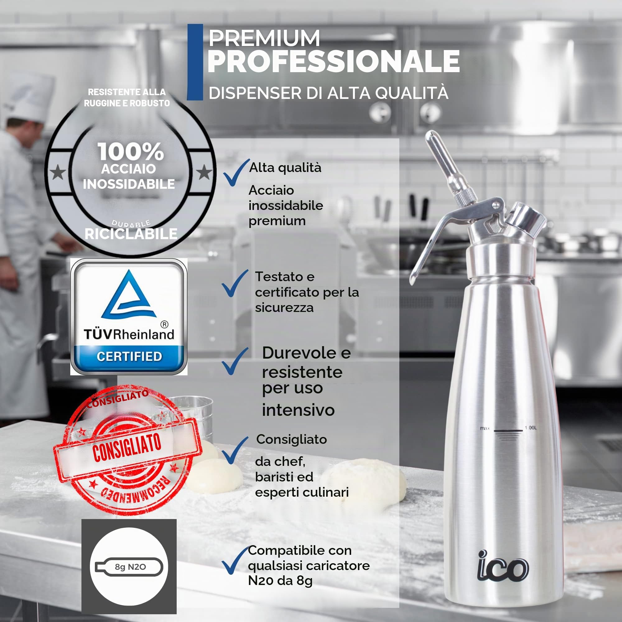 ICO 1L Sifone Panna Montata Professionale in Acciaio Inossidabile per Monta Panna Fatta in Casa, Sifone da Cucina per Dolci, Salse e Liquori Infusi, 1L