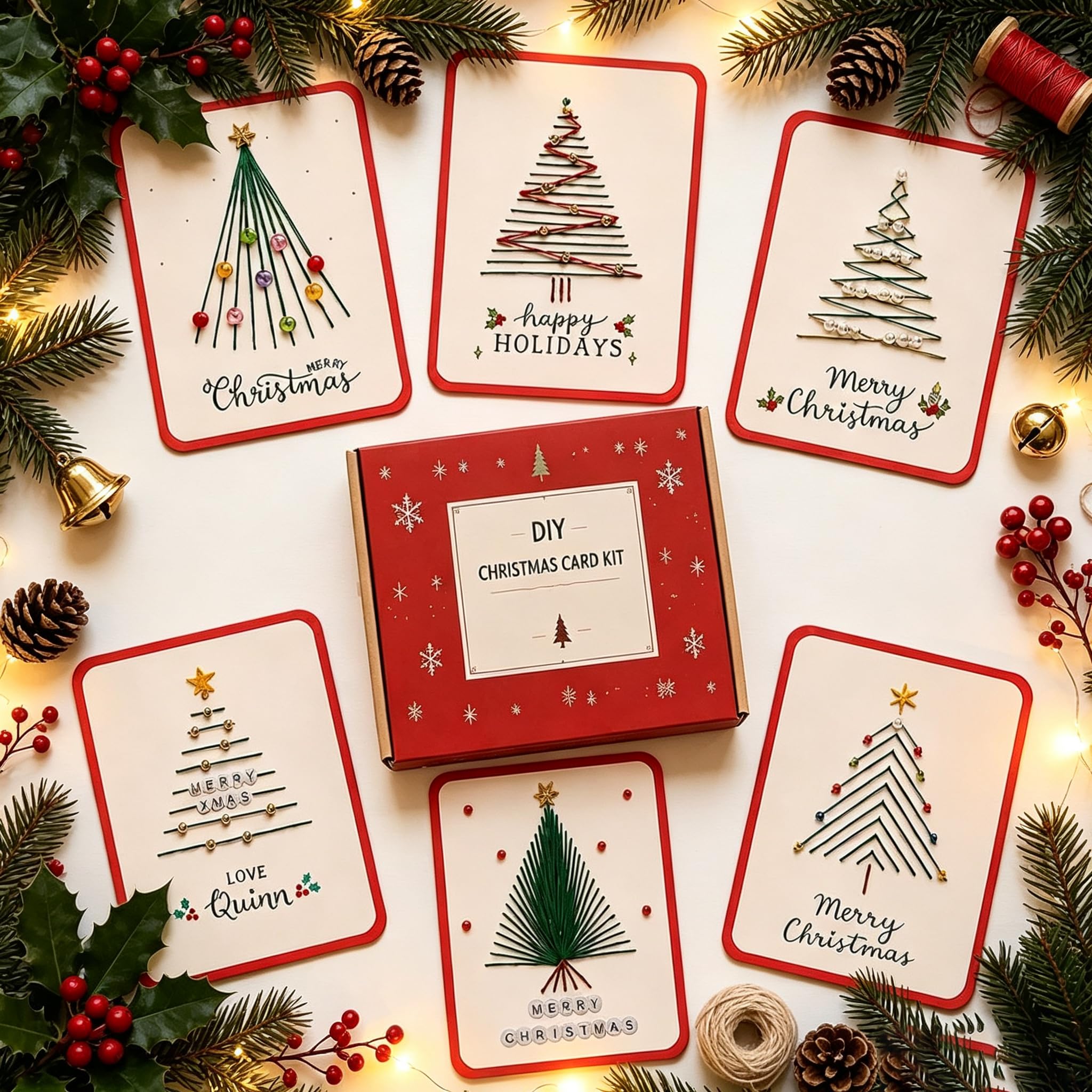 Merry Christmas DIY Kit, 6-Piece Stitch Christmas Cards by Hand (A)