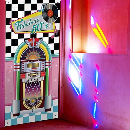 Miniatura 5 de VitalCozy Decoraciones de fiesta de los años 50 de 71 x 35 pulgadas, decoración retro de los años 50, cubierta de puerta de fiesta de rock and roll