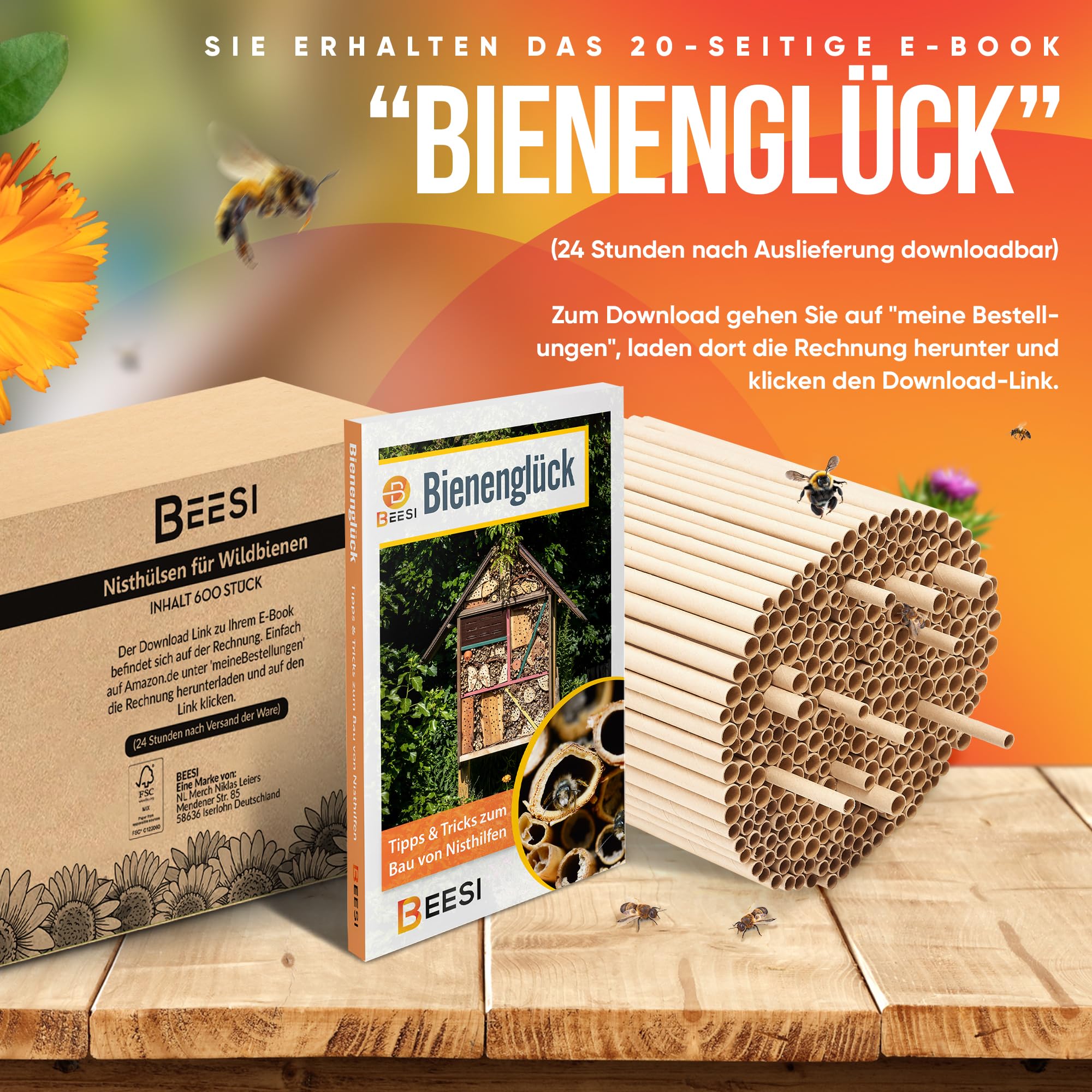 BEESI 300 casquillos de nido para hotel de insectos de 15 cm de largo, 6 y 8 mm de diámetro, mezclados, incluye libro electrónico de nido y tubos de cartón para abejas silvestres..
