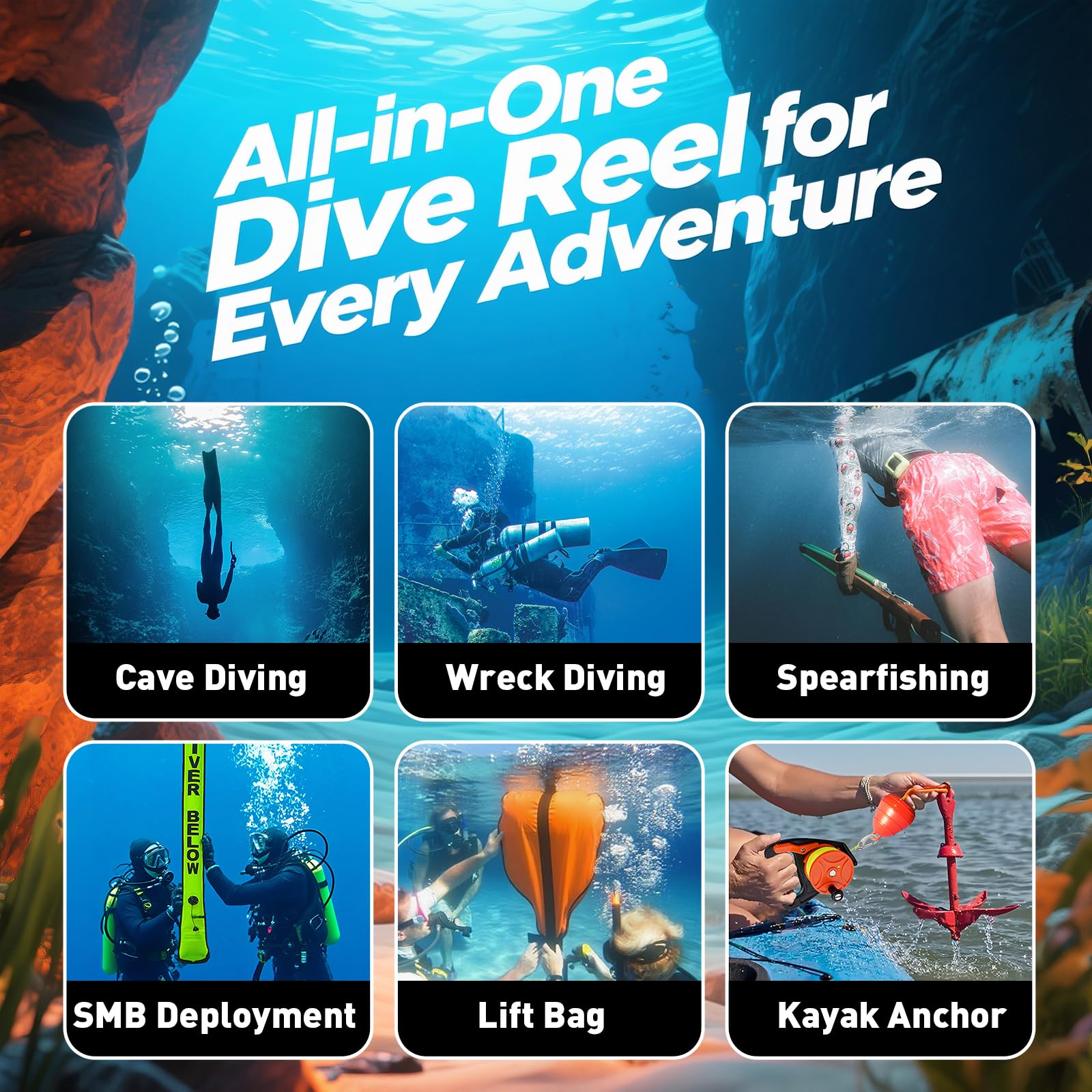 150FT Scuba Dive Reel with Thumb Stopper and 2" Clip, High Visibility Finger Spool with Handle for Cave Diving, Kayak Anchor, SMB Buoy, Spearfishing & Snorkeling