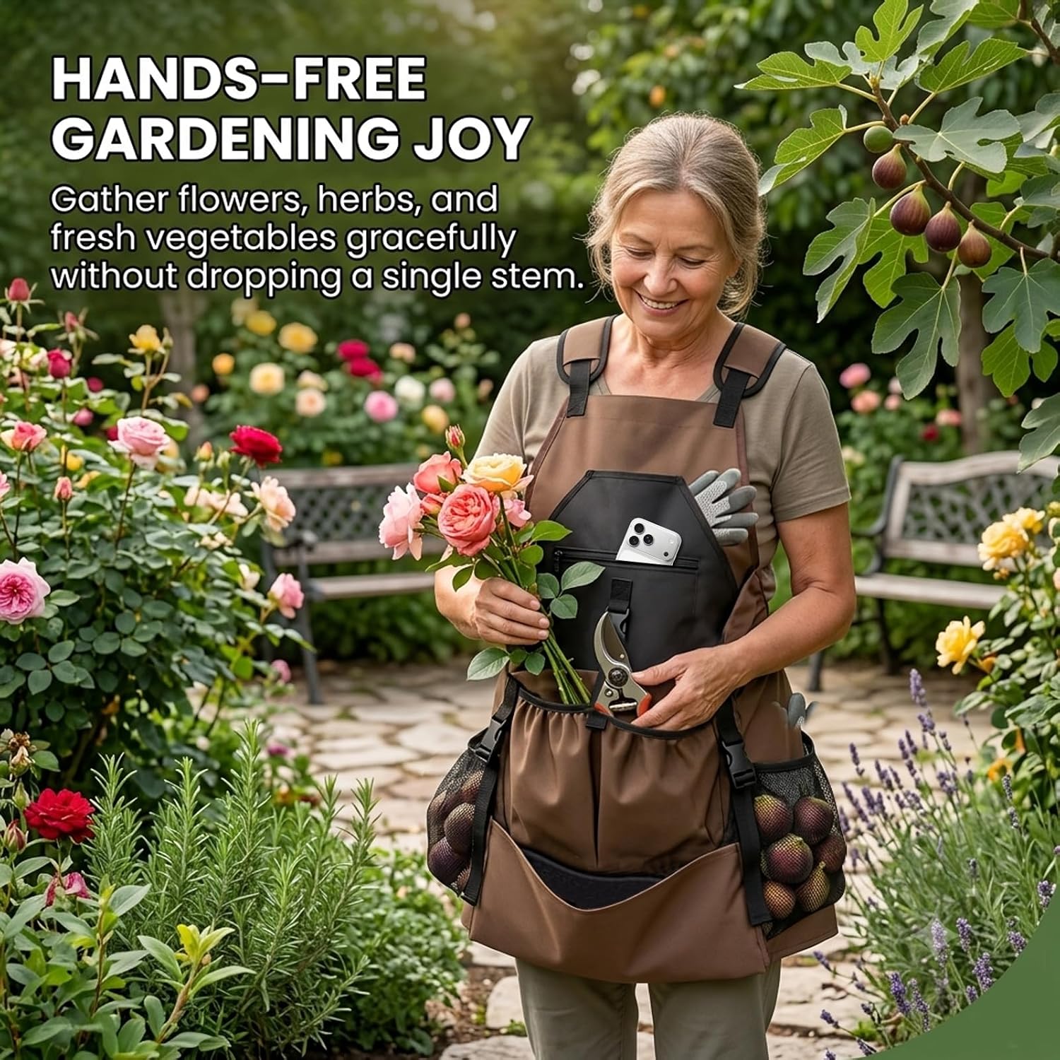 Heavy-Duty Gardening Apron with 8 Pockets for Women Men - Waterproof 600D Puncture-Proof Garden Tool Apron, Cross-Back Harvesting Aprons with Shoulder Pads & Quick-Release Bottom, 2 Mesh Bags image 2