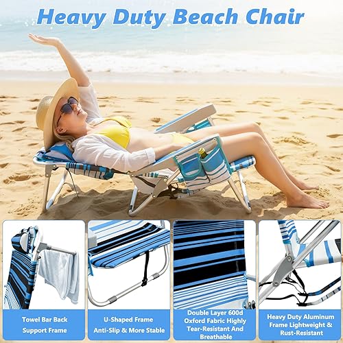 Miniatura 5 de Paquete de 2 sillas de playa tipo mochila para adultos, silla de playa plegable y ligera con portavasos y reposacabezas acolchado, 5 posiciones,