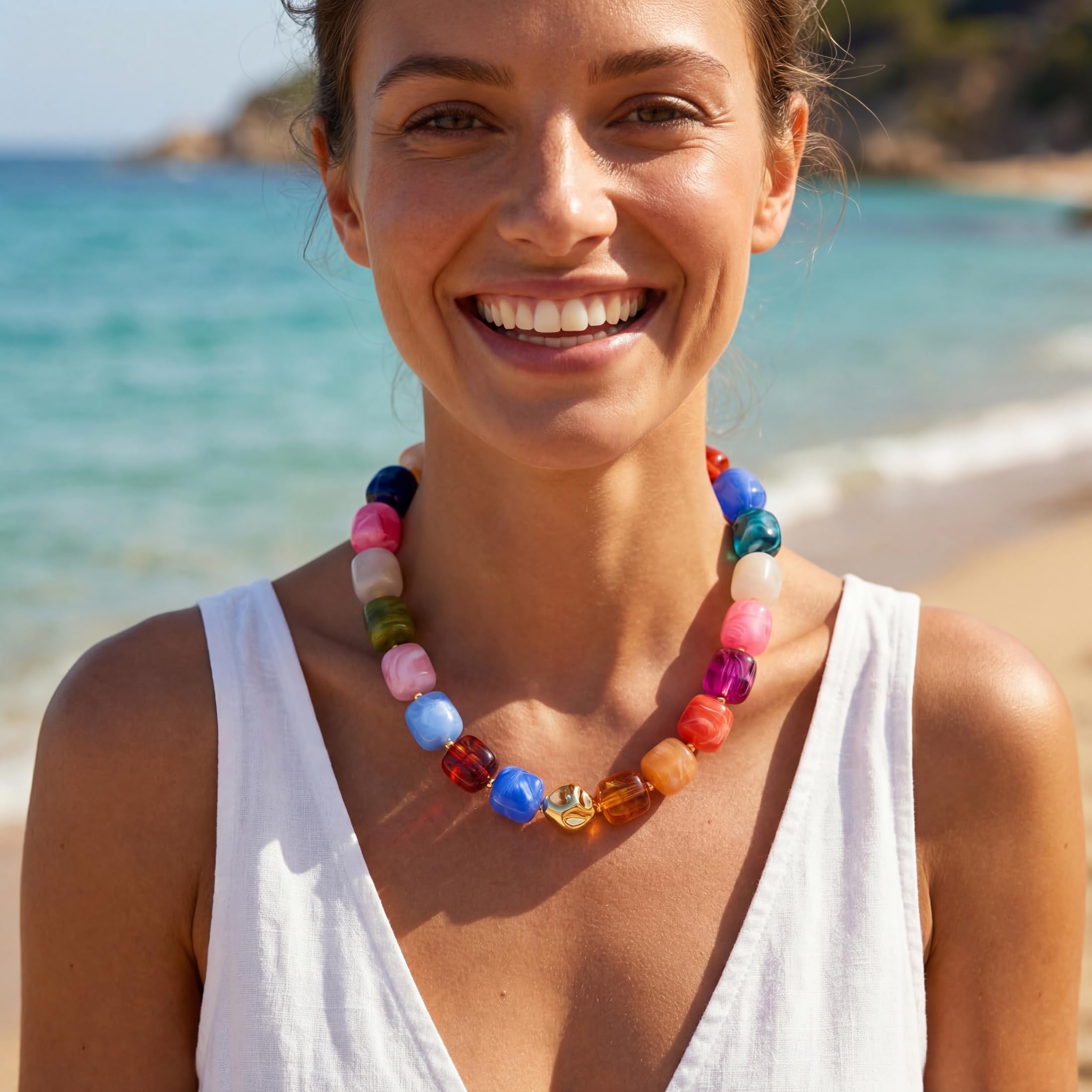 Colorful Chunky Necklaces for Women Multicolored Large Square Acrylic Beads Necklace Trendy Bold Statement Beaded Necklace Summer Vacation Choker Jewelry — view 9