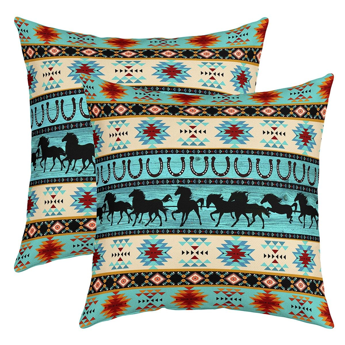 Aztec Throw Pillow Covers for Girls Boys Kids 20x20 Inch Set of 2 Wild West Cowboy Decorative Throw Pillowcases Galloping Horse Pillow Cases Cushion Covers Western Texas Star Cushion Case
