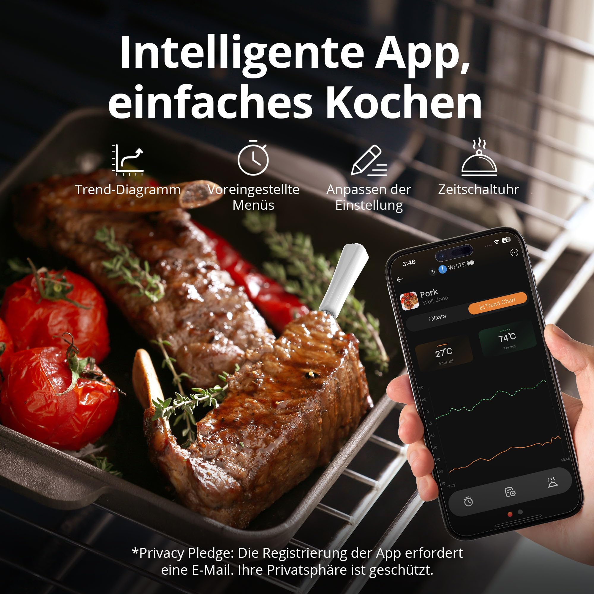 Termómetro inalámbrico para carne con 2 sondas, alcance inalámbrico ilimitado y Bluetooth 5.4 modo dual, termómetro inteligente para barbacoa, host LED, termómetro de asado para barbacoa