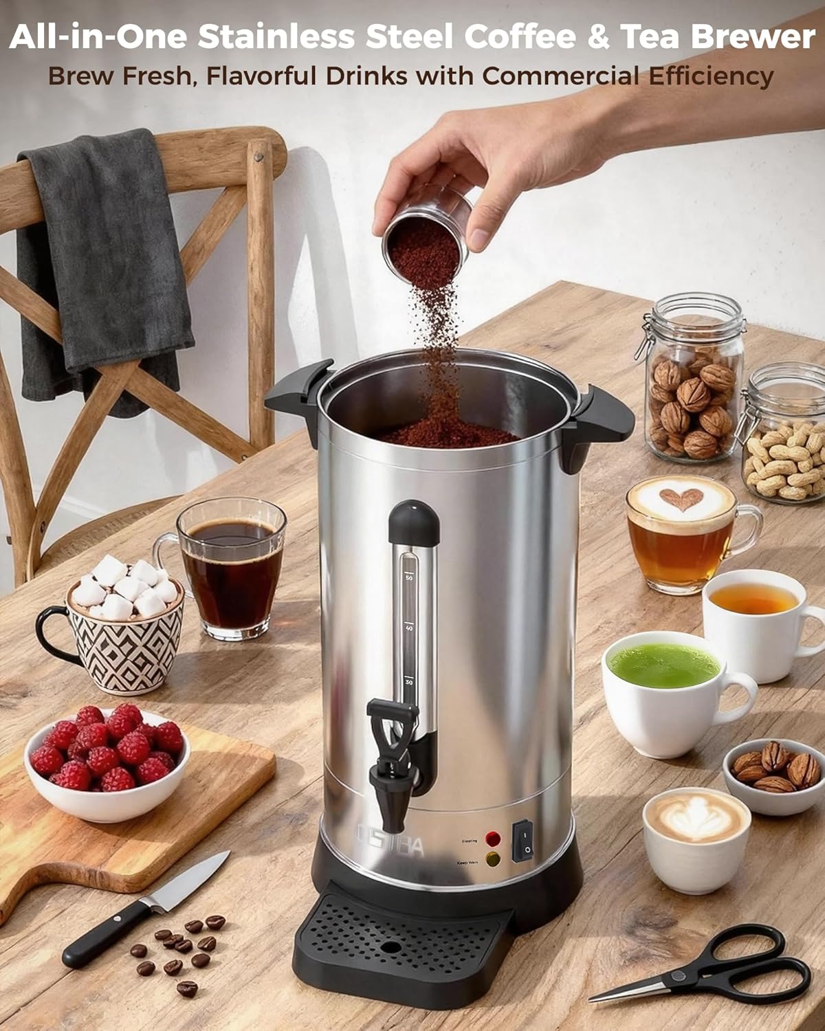 OSTBA 950W Commercial Coffee Urn 50 Cup / 8.3L 304 Stainless Steel Percolator Coffee Pot, Double-Wall Hot Water Dispenser Electric Coffee Maker Fast Brewing for Home, Office, Catering & Small Events - Image 7