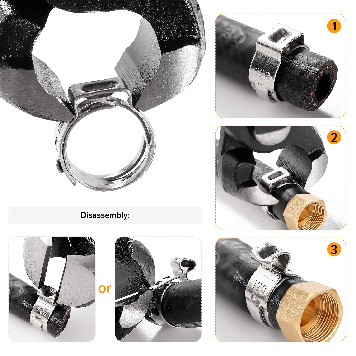 Lyeteung 60 PCS 6 Sizes 6.8-25.6 mm Single Ear Hose Clamps Kit, Stainless Steel Single Ear Stepless Hose Clamps - Image 4