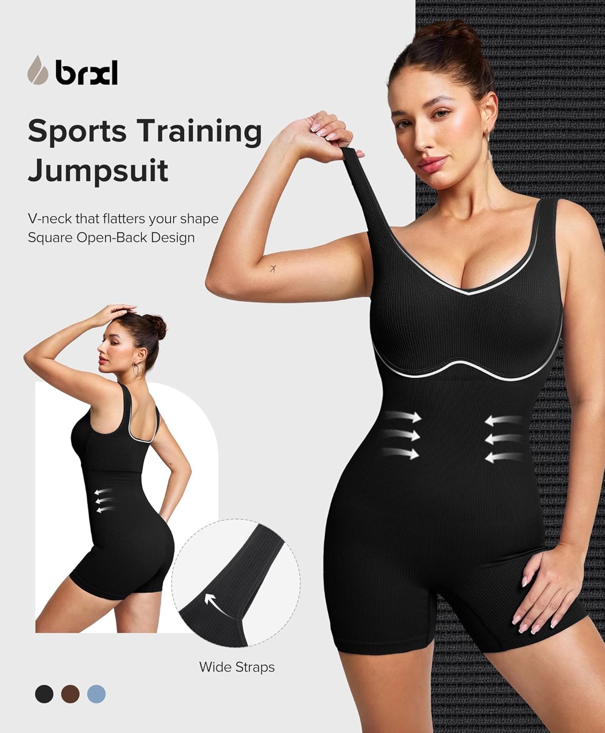 BRXL One Piece Workout Jumpsuit for Women Built in Bra Athletic Rompers U Neck Seamless Compression Short Bodysuit Gym - Image 3