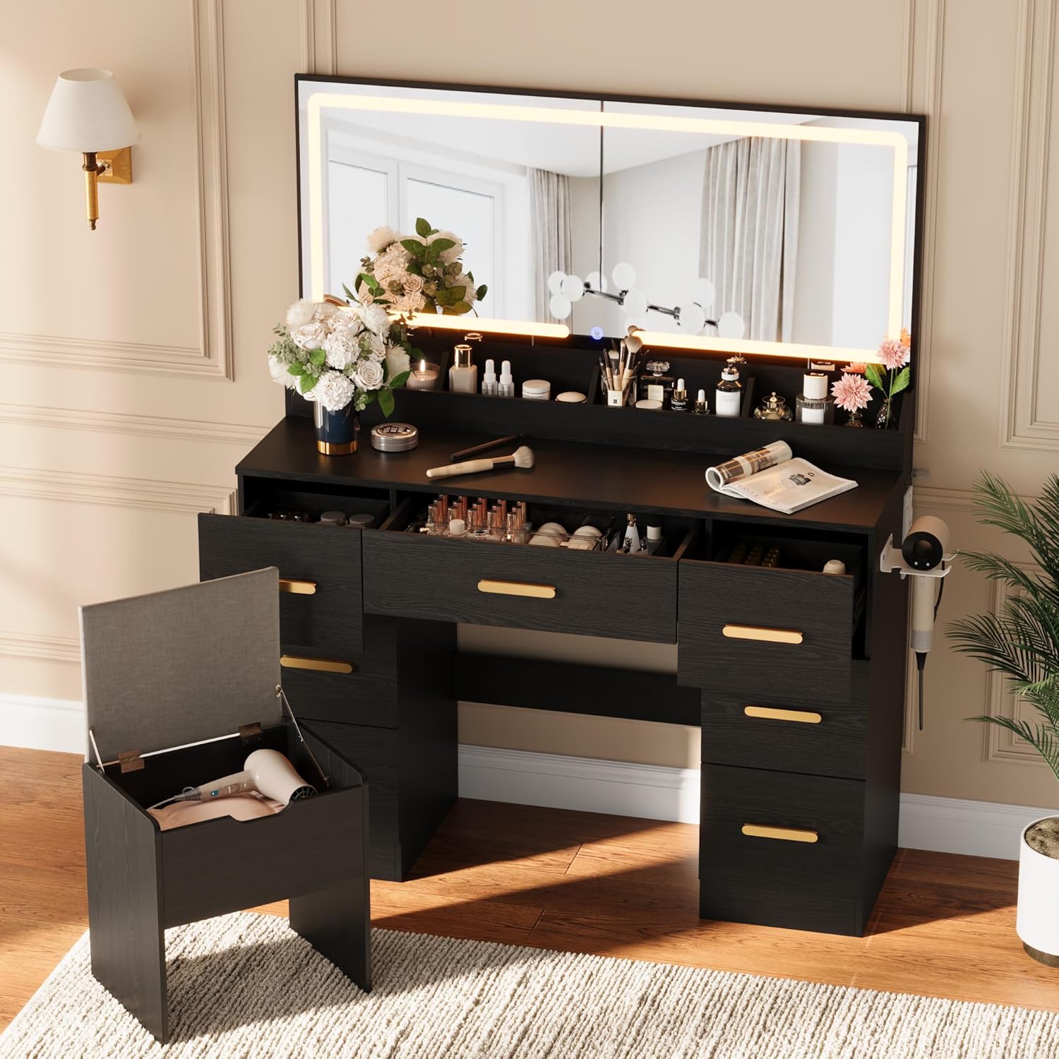 Garvee Vanity Desk with Large Mirror and Lights, 45.9 in Makeup Vanity Desk, 3 Lighting Modes Adjustable Brightness, Vanity Table with Power Outlet &8 Drawers, for Powder Room and Bedroom