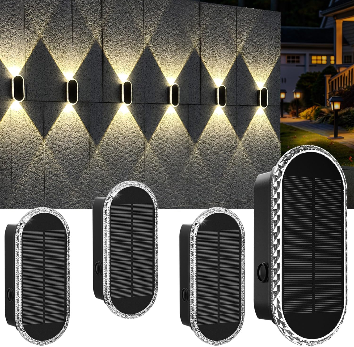 Solar Fence Lights Outdoor, 3000K/4000K/6000K 3 Modes Solar Wall Lights Outdoor Waterproof, Up&Down Dual-Head Outdoor Solar Lights for Yard House Fence Backyard Deck Garden Patio Porch, 4 PK