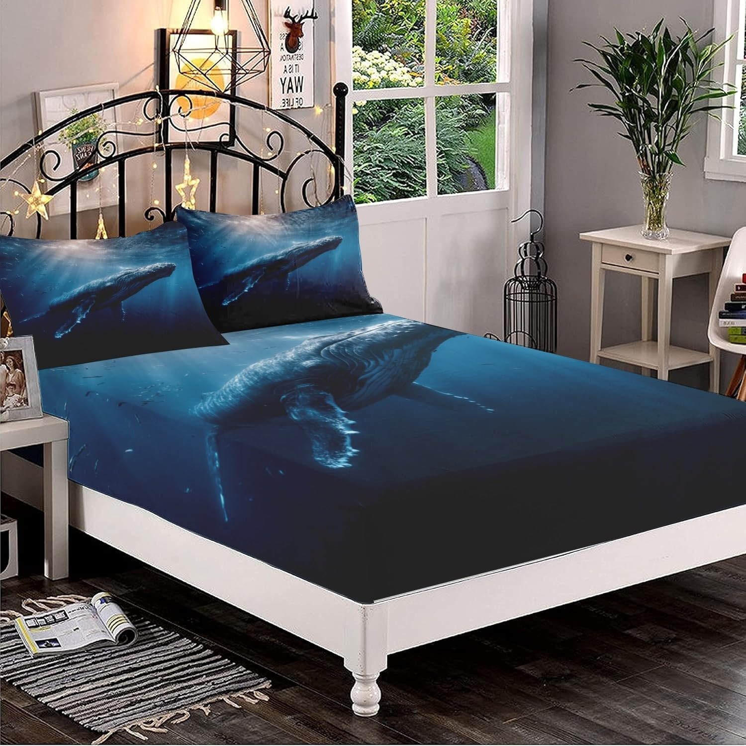 Drap Housse 200x200cm Bleu Bande Élastique Réglable 2 Personnes Lit