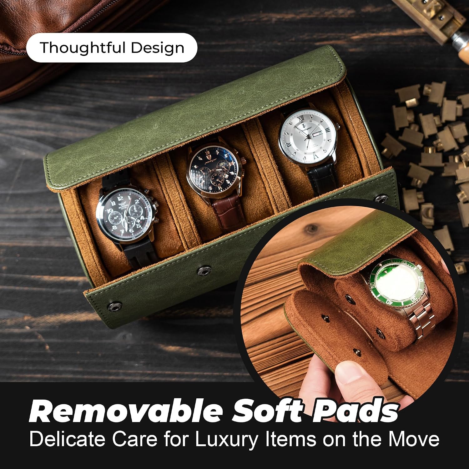Leather Watch Roll for 3 Watches, Travel Watch Case Portable Watch Organizer, Soft Lined Watch Storage Protector for Wristwatch, Gift for Him (Green)
