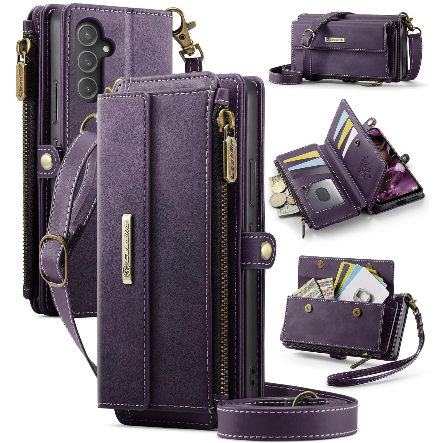 For Samsung Galaxy A54 5G Case RFID Blocking Zipper Wallet Stand Leather Cover with Strap - Purple
