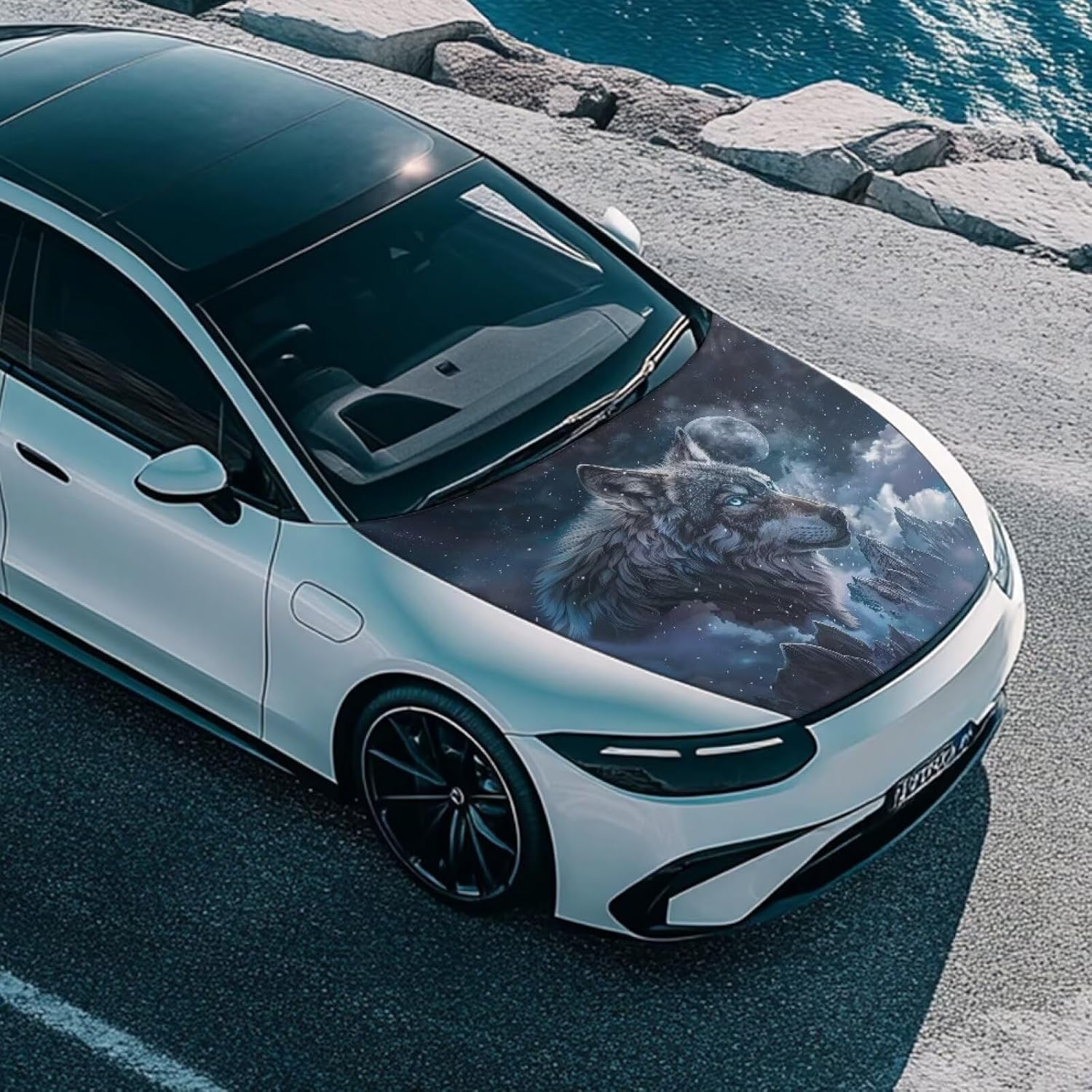 Grey Wolf Universal Car Bonnet Banner Moon Non-Slip 59.05"x39.37" Inch Car Hood Cover with Elastic Bottom Automotive Exterior Accessories Fits Most Sedans SUV Pickup Truck image 5