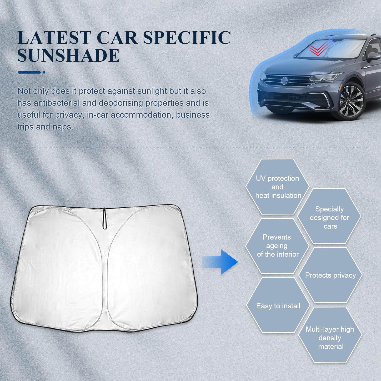BIBIBO Osłona na przednią szybę Tiguan Allspace, osłona samochodowa kompatybilna z VW Tiguan Allspace SWB LWB 2016-2024, składana osłona samochodowa na przednią szybę, osłona przeciwsłoneczna przeciw