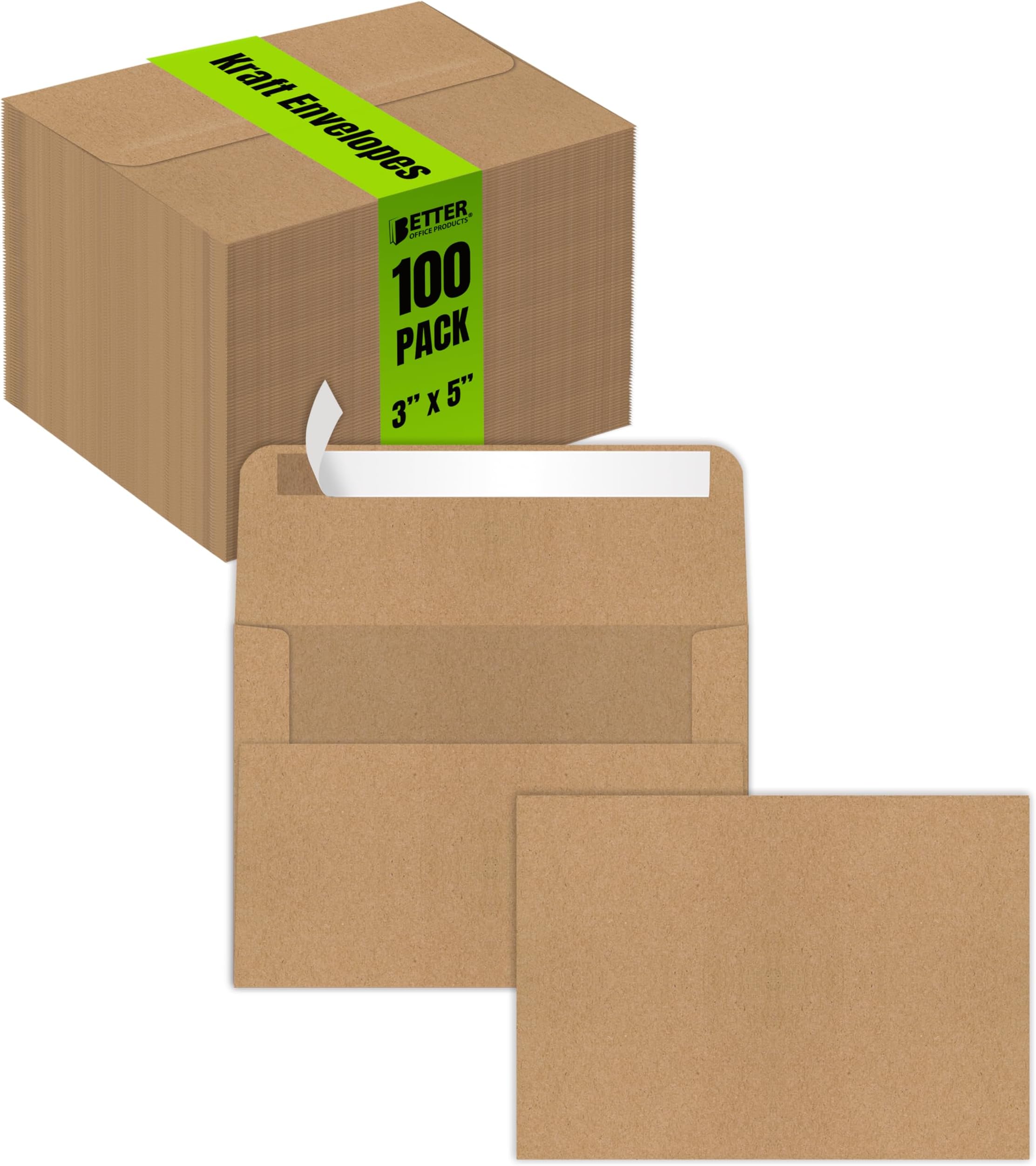 Kraft Invitation Envelopes, 100-Pack, A1 Size (3.625" x 5.12"), Strong 35 lb. Paper, Fits 3.5" x 5" Invitation, RSVP, Photos, Gift Cards (Square Flap with Peel & Stick Closure)