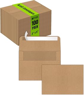 Better Office Products Kraft Invitation Envelopes, 100-Pack, A1 Size (3.625" x 5.12"), Strong 35 lb. Paper, Fits 3.5" x 5" Invitation, RSVP, Photos, Gift Cards (Square Flap with Peel & Stick Closure)