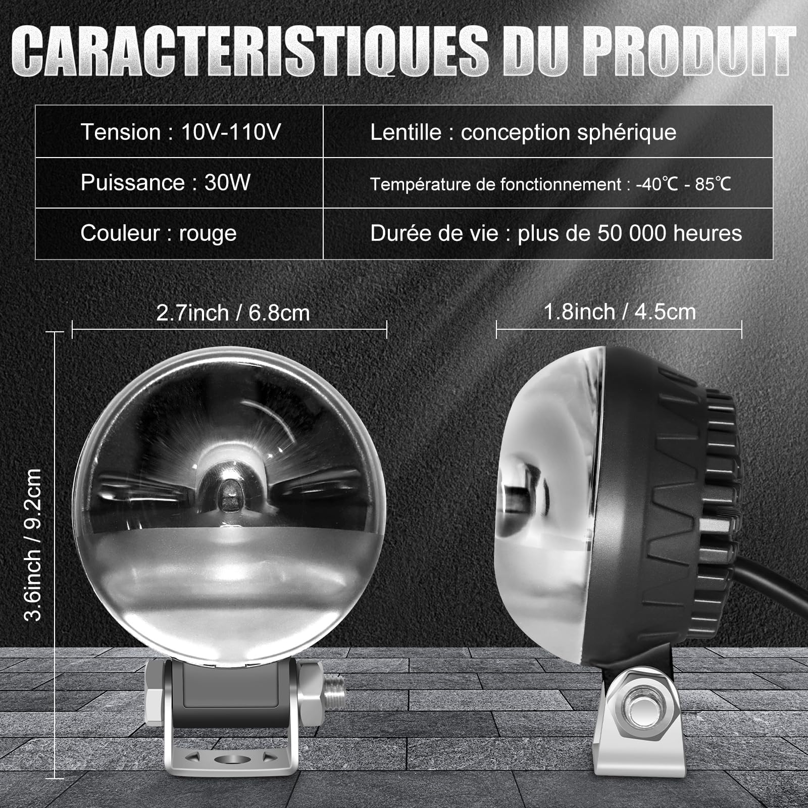 Dinfu LED ronde rouge Chariot élévateur à fourche Eclairage de l'entrepôt Feux latéraux du chariot élévateur Phares d'avertissement 30W DC 12-110V forklift