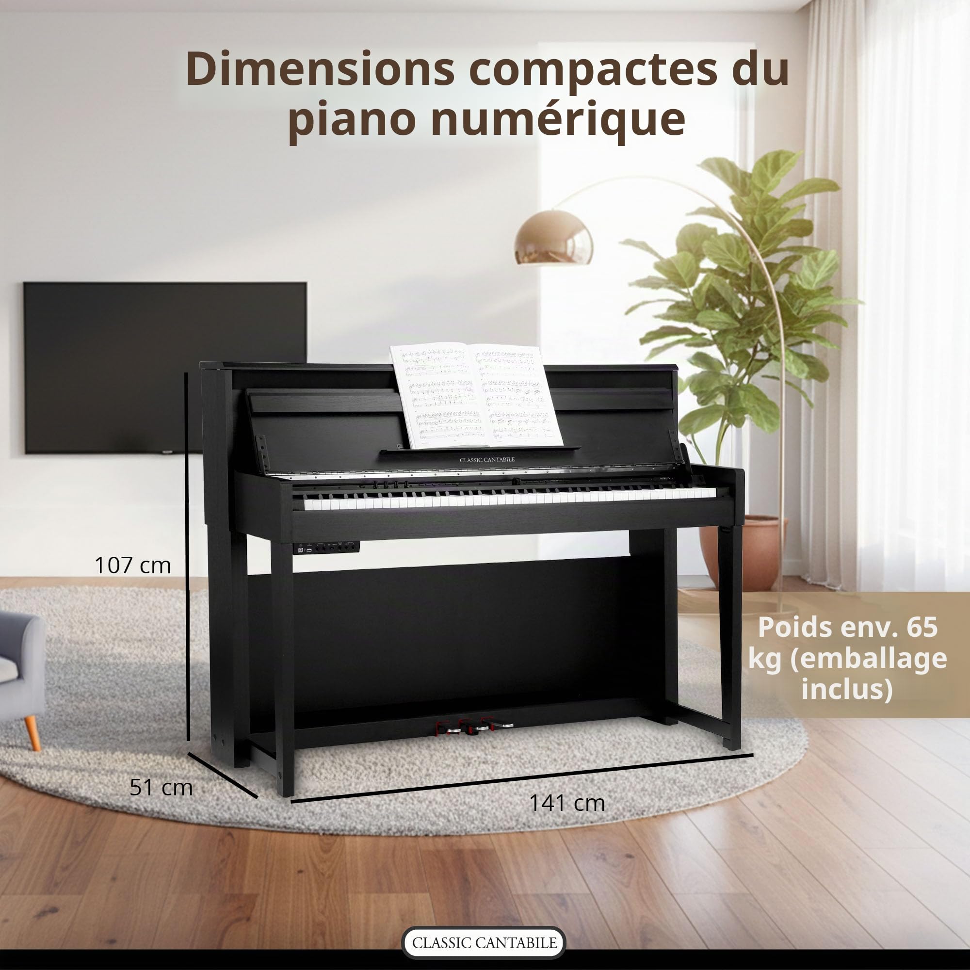 Classic Cantabile UP-1 SM Piano Droit Numérique - 88 Touches Clavier électronique à marteaux - Synthetiseur avec USB, MIDI, 40 voix, 256 polyphonie - Set avec Banc et Casque - Noir Mat | 88 touches lestées avec clavier Graded Hammer - Clavier avec surface