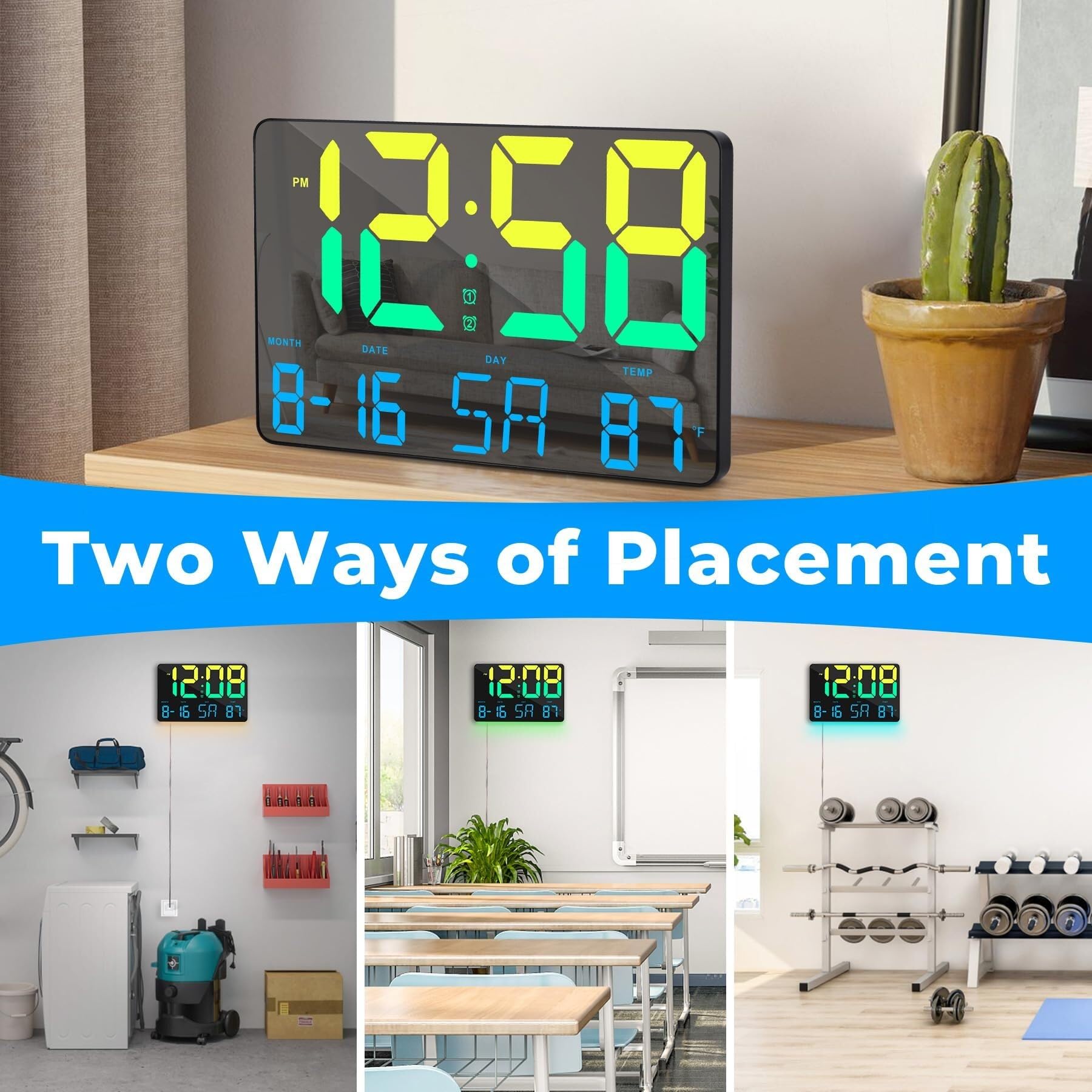 FJJRTWDG Large Display Digital Wall Clock with Multiple Functions, Suitable for Living Room, Bedroom, Classroom(Black)