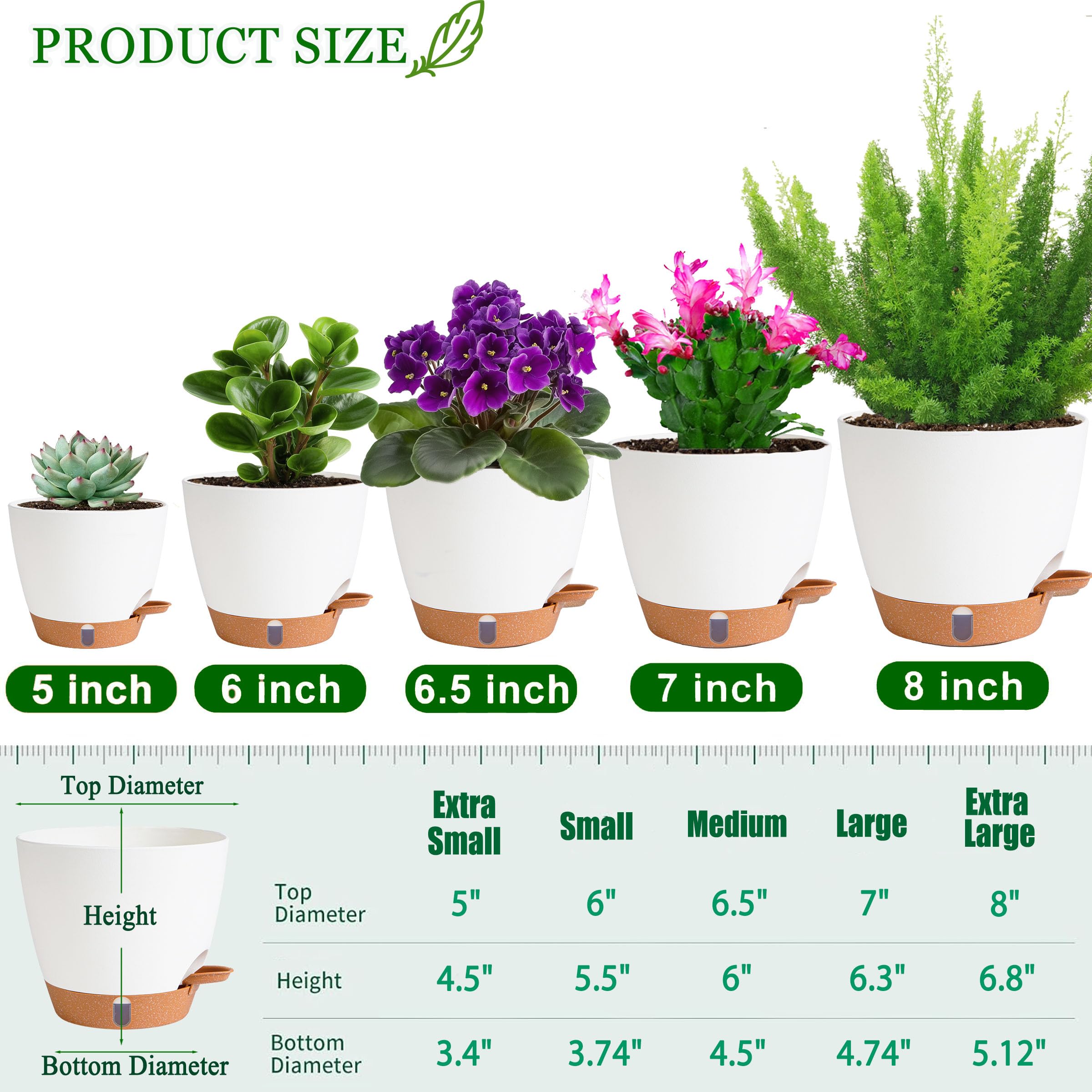 Macetas de riego automático para plantas de exterior Inoor de 8/7/6.5/6/5 pulgadas, macetas de plástico con agujeros de drenaje e indicador de nivel de agua, macetas decorativas con platillos