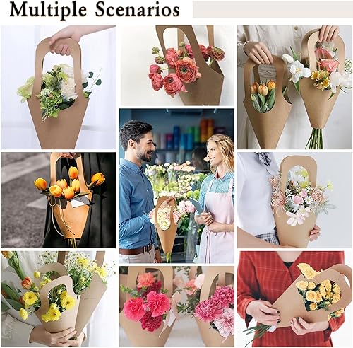 Miniatura 7 de 40 bolsas de regalo de flores de papel kraft, bolsas de regalo florales de papel kraft con asa, bolsa de exhibición de flores, fundas creativas de