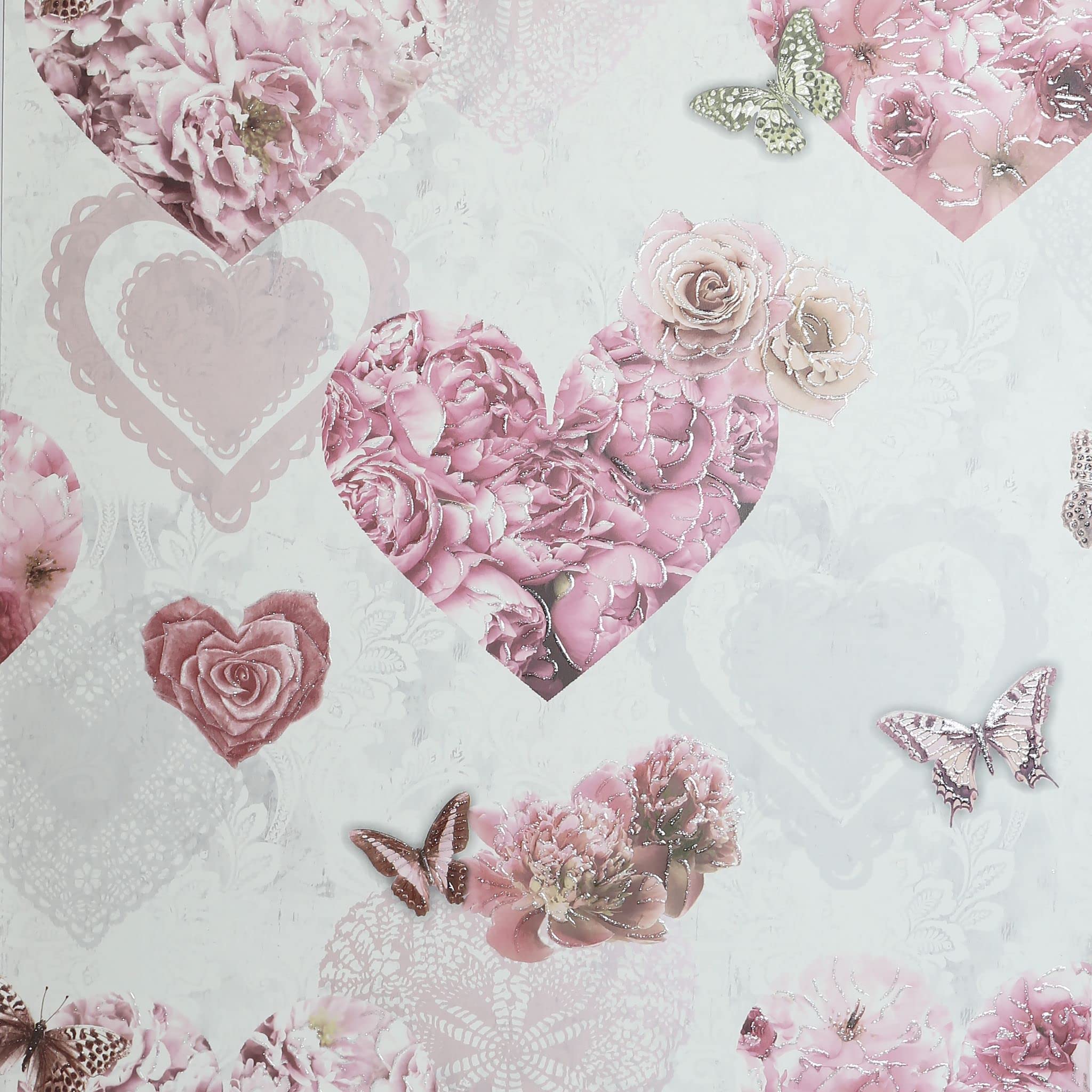 Arthouse Floral Butterfly & Hearts Pink Wallpaper - Enhanced with Glitter Gel - Living Areas & Feature Walls - Bedroom - Dining Room - Hall - Living Areas - Downtrap Toilet - 692802