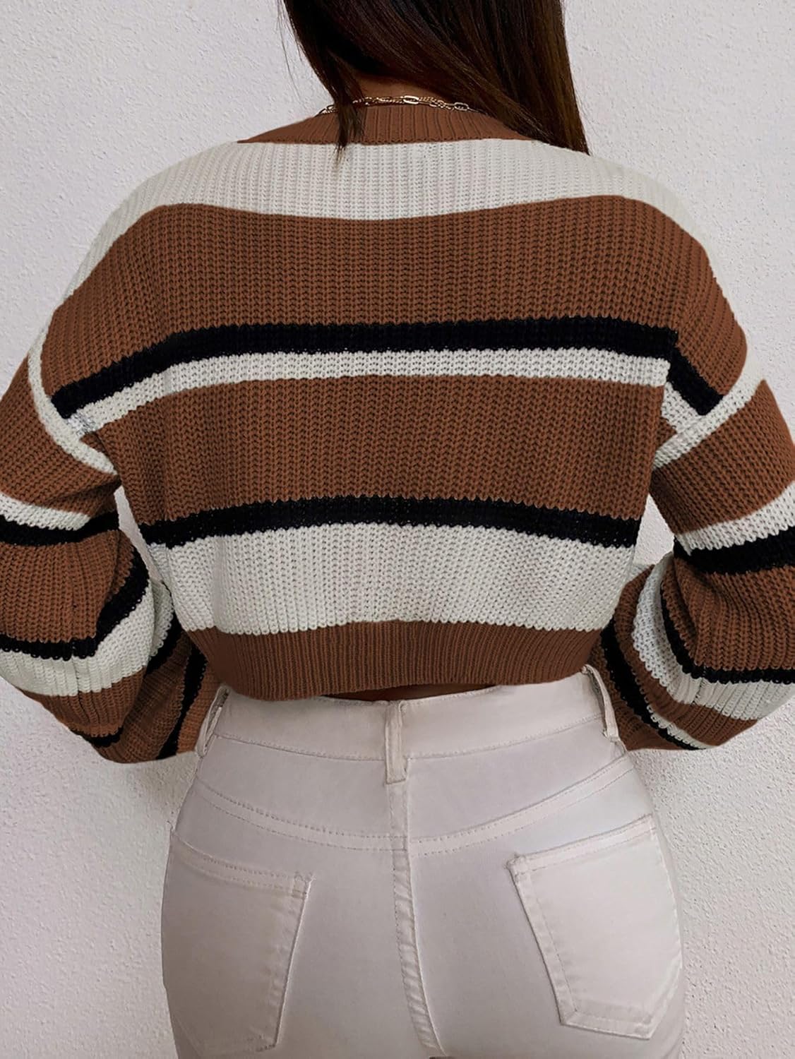 ZAFUL Women's Color Block Striped Sweater Crew Neck Lantern Sleeve Cropped Sweaters Casual Loose Knitted Tops - Image 5