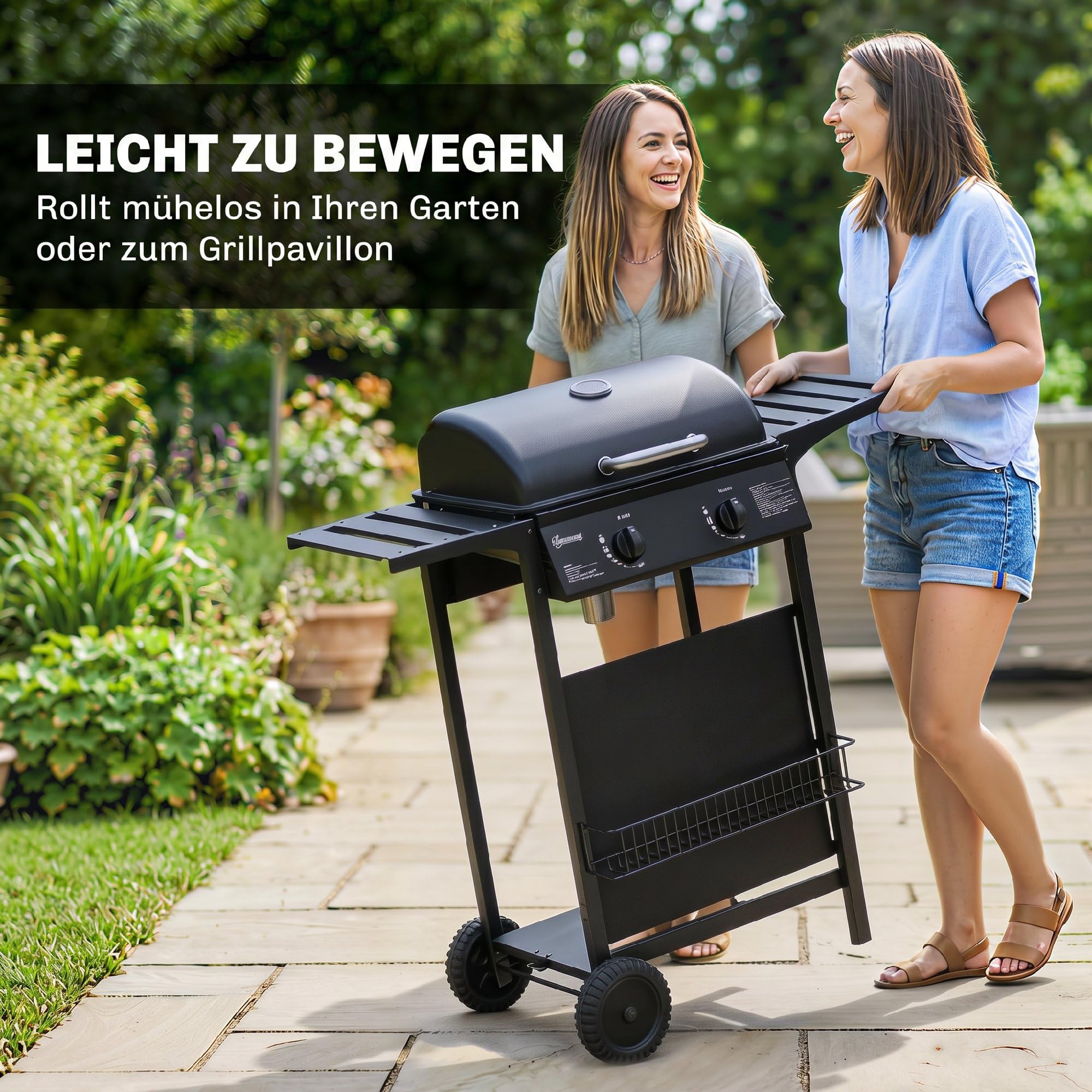 Outsunny Gasgrill 5 KW 2 Brenner BBQ Grillwagen Edelstahl inkl Seitentisch Unterkorb Frontabdeckung Thermometer Emaille-Grillrost Warmhalterost Fettauffangschale, Gas-Grill mit Rolle für Balkon Party