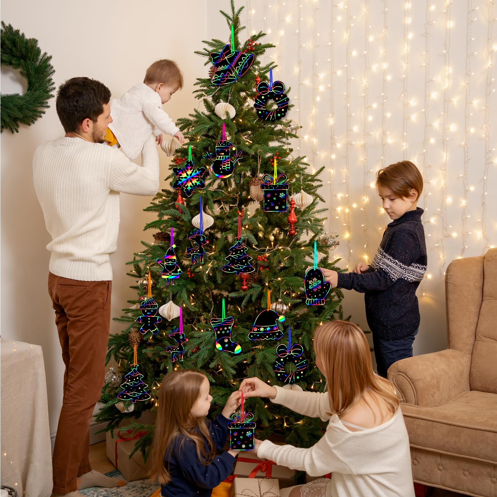 Coffret Carte à Gratter Noël 60 Pièces – Stylos Bois & Rubans – Déco Sapin DIY – Dès 3 Ans