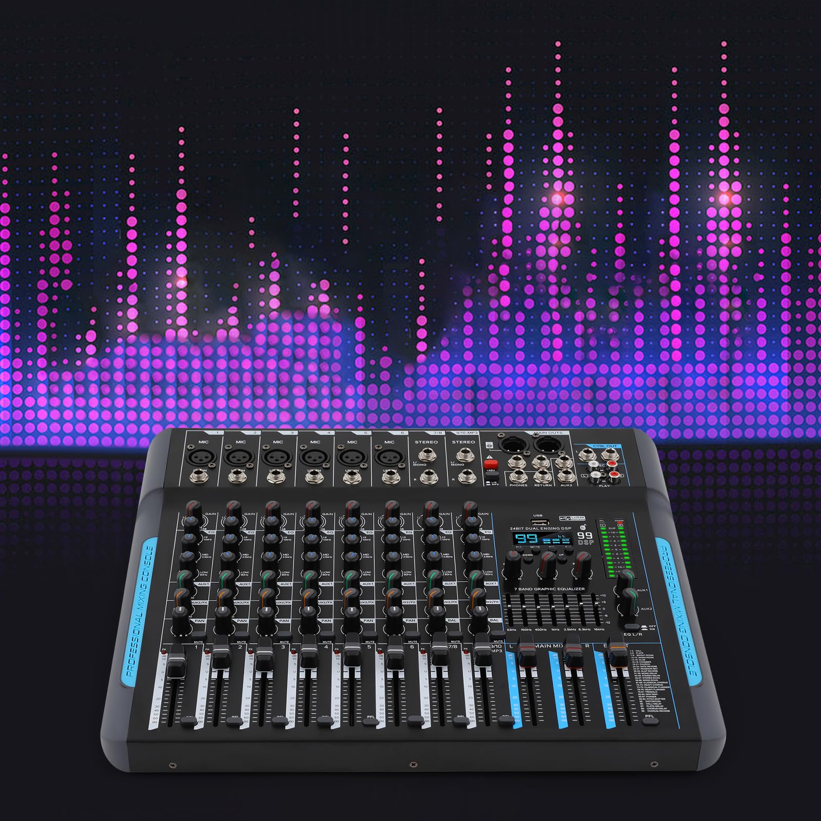 Consola de mezclador de sonido estéreo profesional de 10 canales | Mezclador de audio Bluetooth Studio Mixer con 99 efectos DSP | Mixpult con unidad USB + alimentación fantasma de 48V | Mezclador de