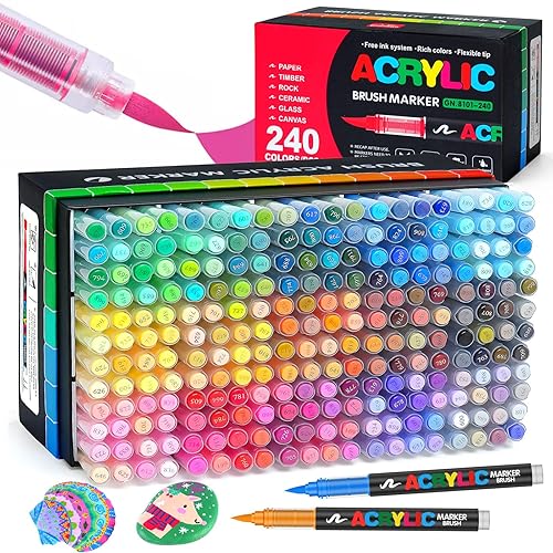 Efimeso 240 Couleurs Feutre Acrylique, Marqueur Peinture Acrylique à Pinceau à Base D'eau, Acrylic Paint Marker pour Roche, Toile, Bois, Pierre, Céramique, Verre, Tissu - 240
