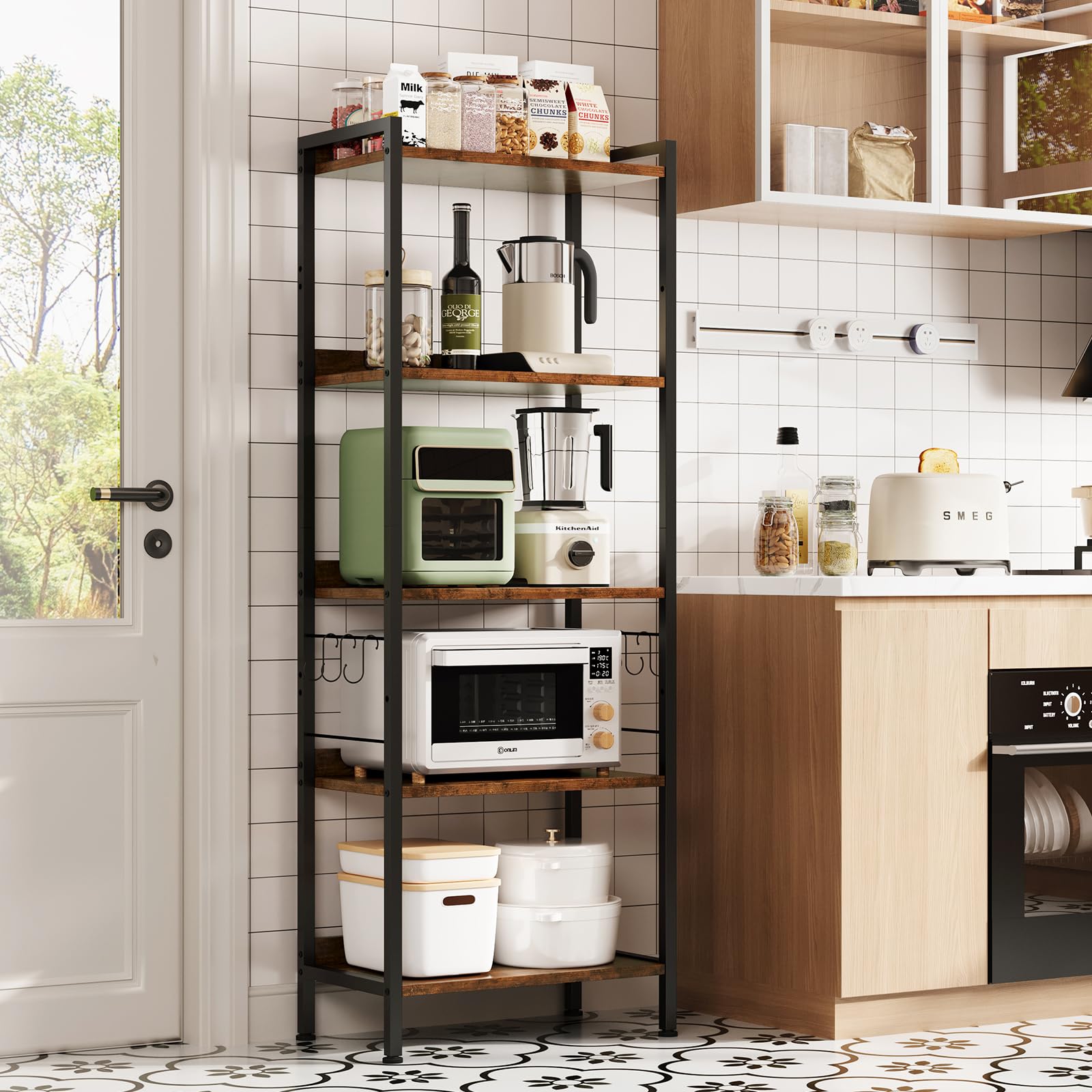 Dripex Baker's Rack, 65" Freestanding Kitchen Storage Shelf Unit with Hooks, 5-Tier Versatile Standing Bookshelf for Home, Kitchen, Living Room