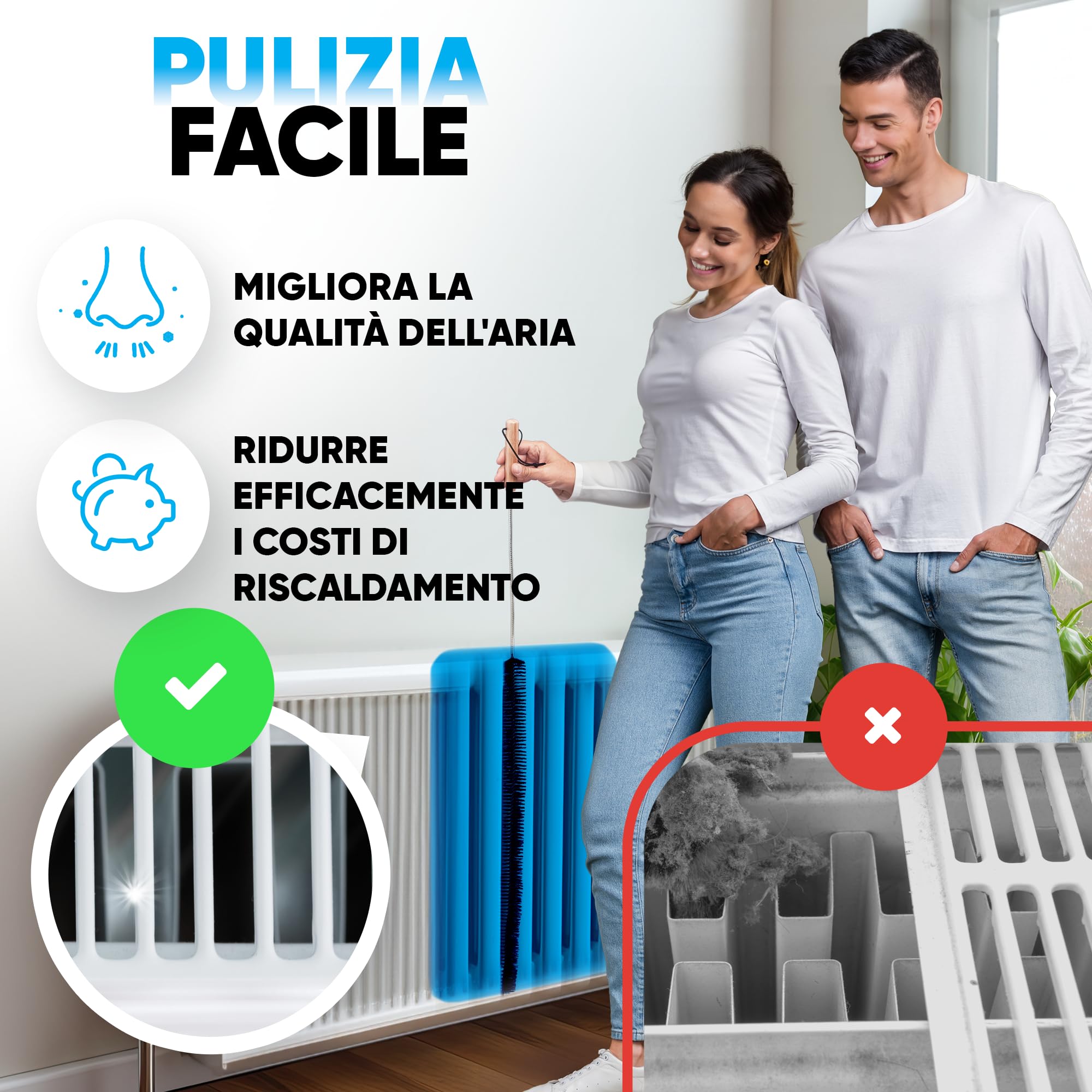 Pulisci Termosifoni Flessibile Lungo 80cm I Spazzola per Pulire Termosifoni senza Graffi I Spazzola Pulizia Caloriferi con Setole di Nylon Flessibili I Per Tutti i Radiatori
