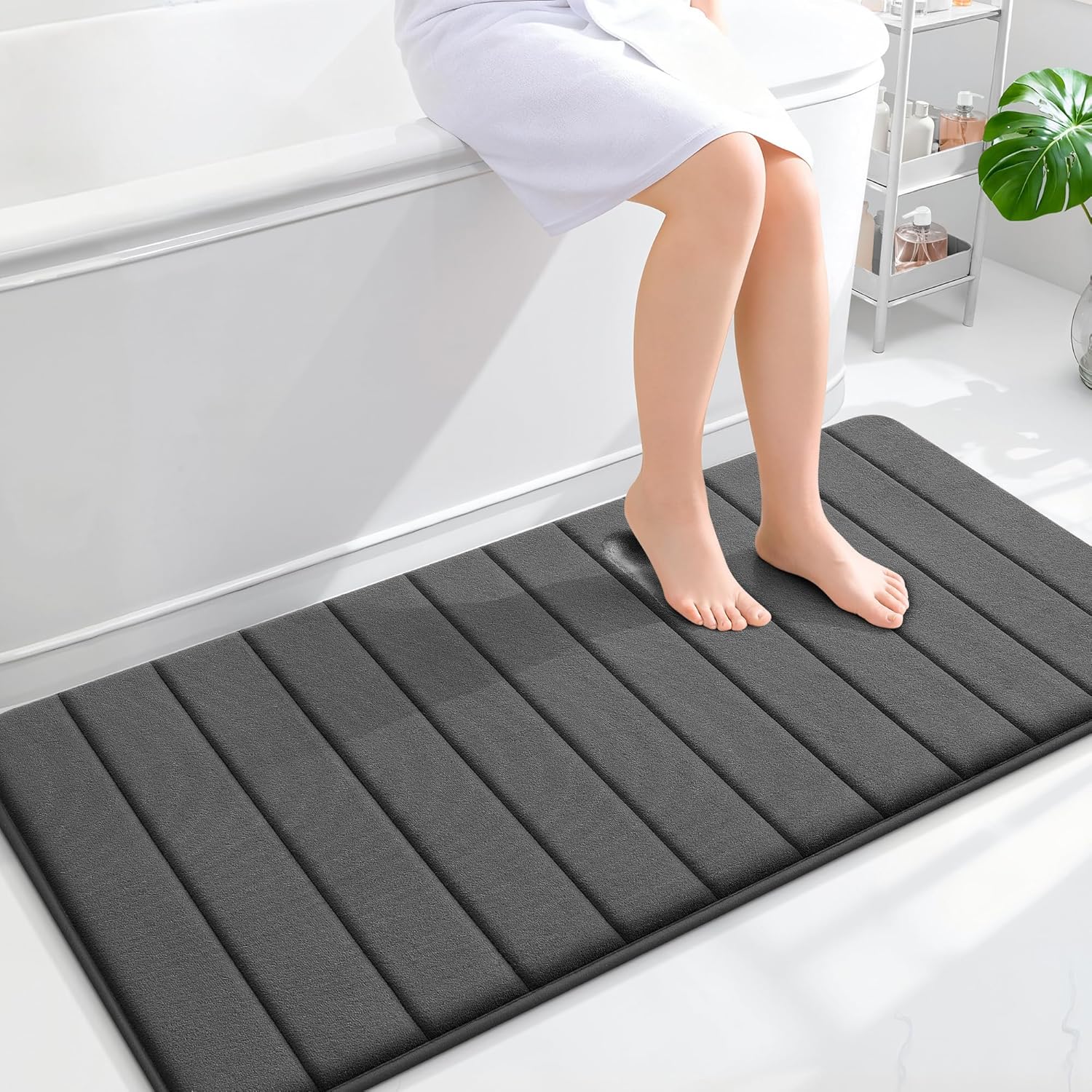 OLANLY Memory Foam Long Bathroom Rugs Runner 47x24, Super Soft Absorbent Bath Mat, Quick Dry, Machine Washable Shower Floor Rugs, Bathmat Carpet, Bathroom Home Decor Accessories, Black