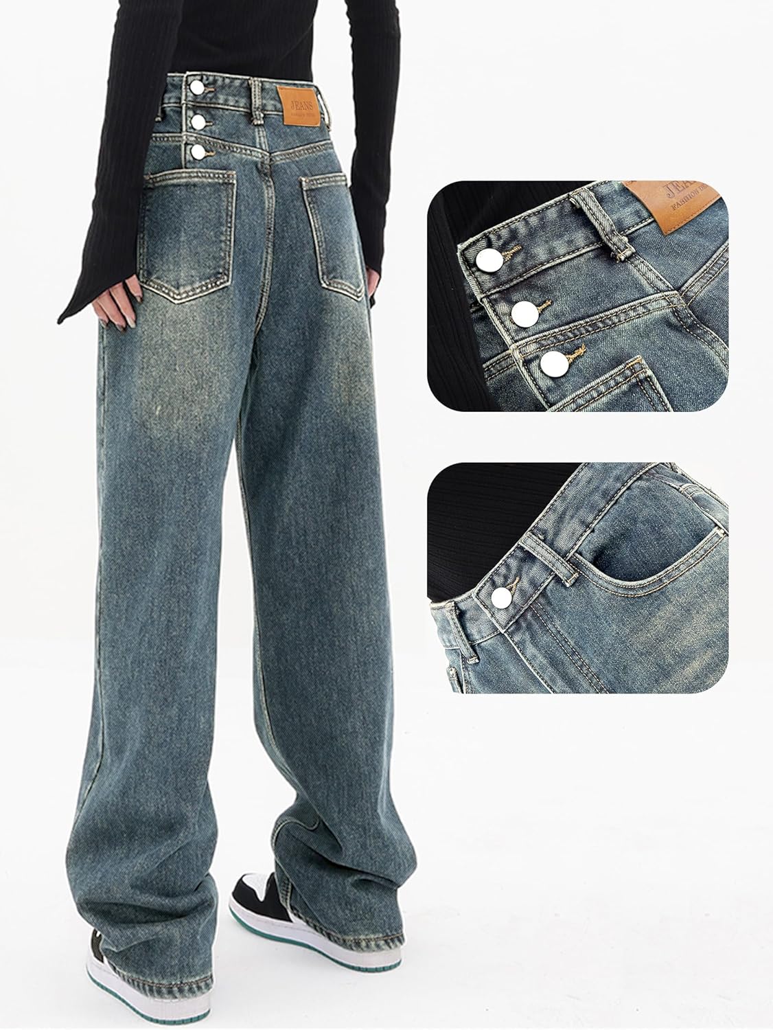 EMMIOL Mid-Low Rise Baggy Jeans for Women, Straight Leg Vintage Boyfriend Jeans with Distressed Details