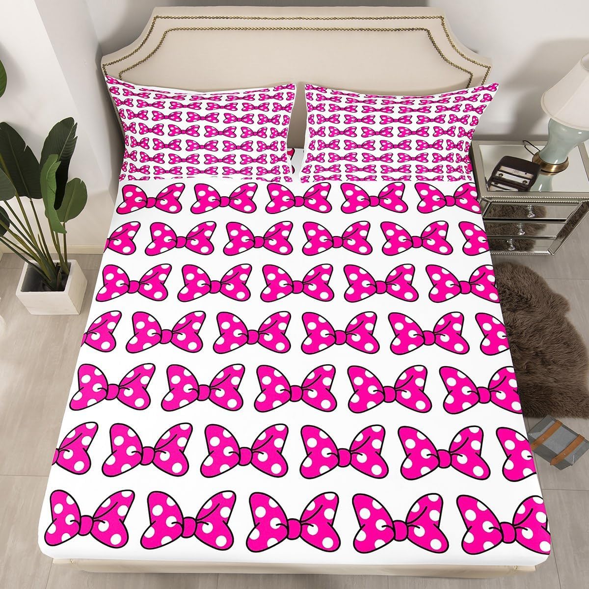Bowknot Kids Fitted Sheet Full Size,White Dots Bow-tie Cartoon Bedding Set,Children Girls Women Room Decor,Princess Style Dreamy Bed Cover,Rose Pink Romantic Bed Sheet,2 Pillowcases