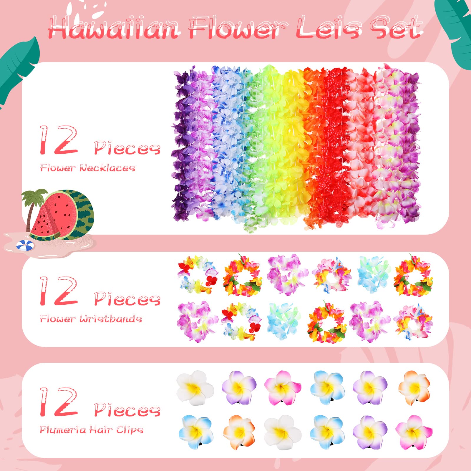 Atonofun 48 PCS Leis For Luau Party, Hawaiian Leis Bulk, Luau Party Glasses, Flowers Hair Clip Tropical Birthday Summer Beach Luau Party Favors Supplies