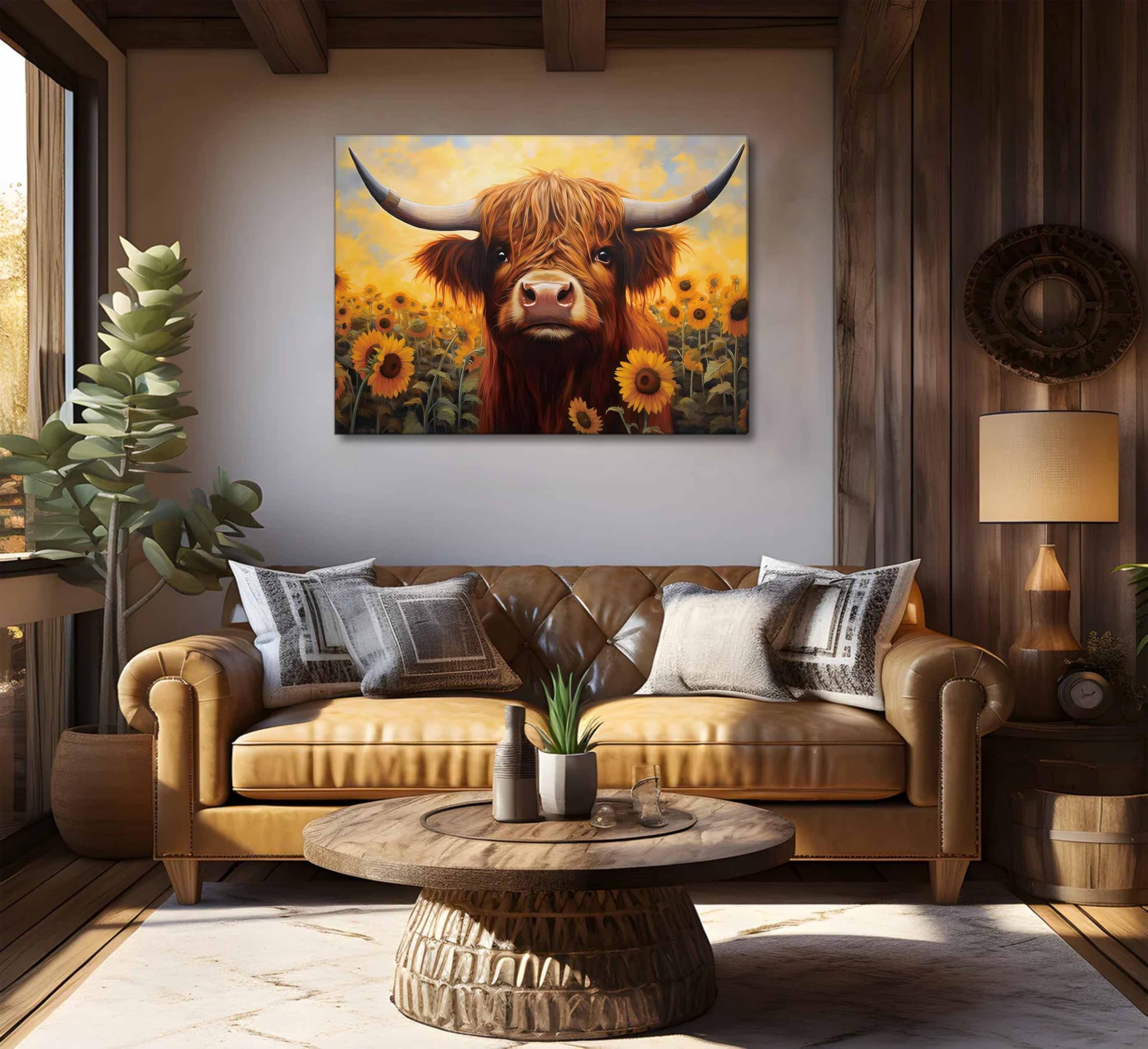 Décoration Murale Bois Tournesol Vache Highland KMF Peinte Main