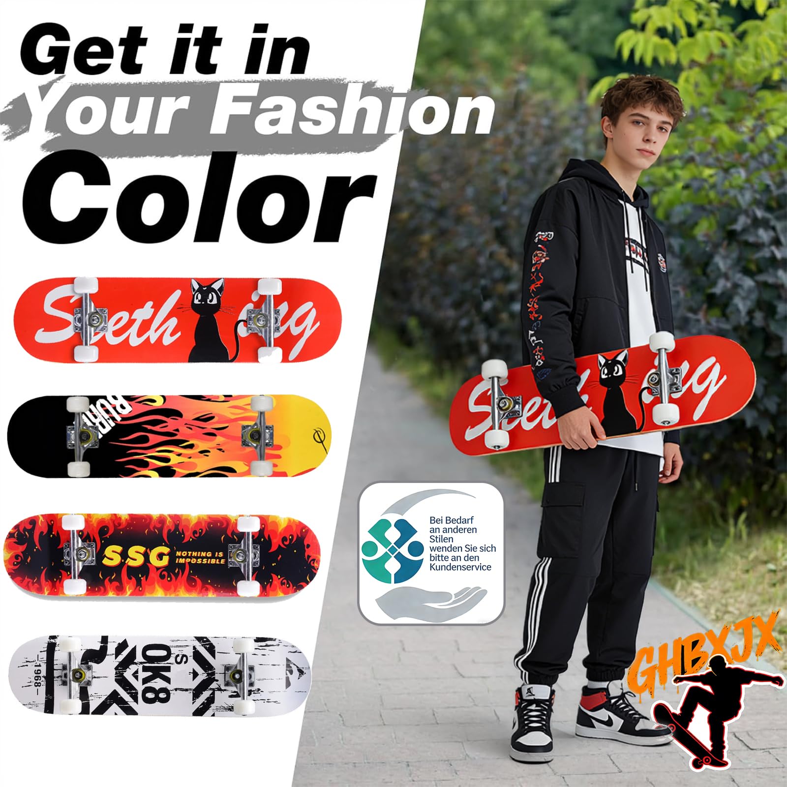 Skateboard 31x8 Zoll Komplette Cruiser Skateboard für Kinder Jugendliche Erwachsene, 7-Lagiger Kanadischer Ahorn Double Kick Deck Concave mit All-in-one Skate T-Tool für Anfänger