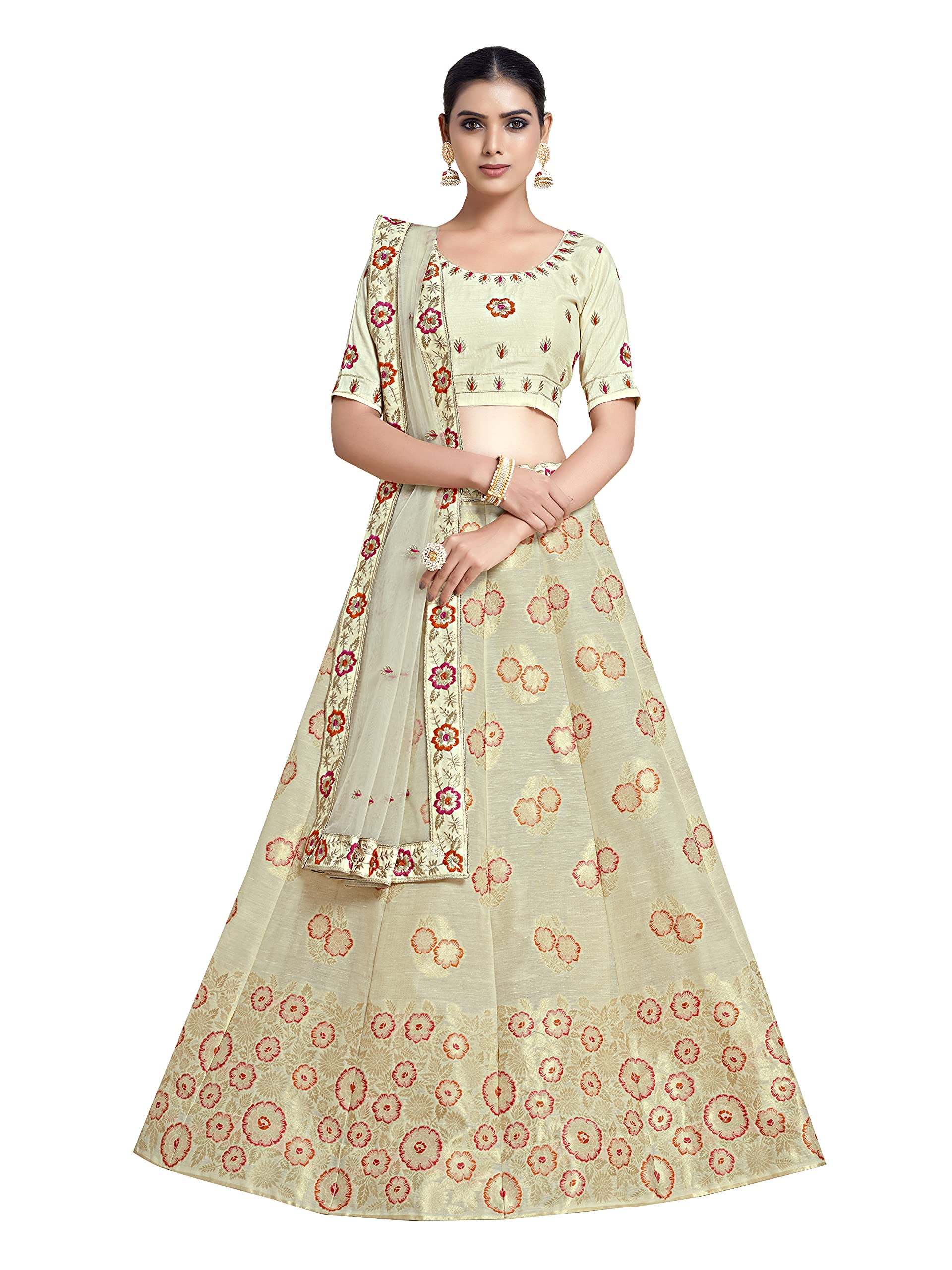 MIMOSA Women's Art Silk Semi-Stitched Lehenga Choli Set With Unstitched Blouse And Dupatta : 5430-Bk-247-Pwd-Hwt, Off-White