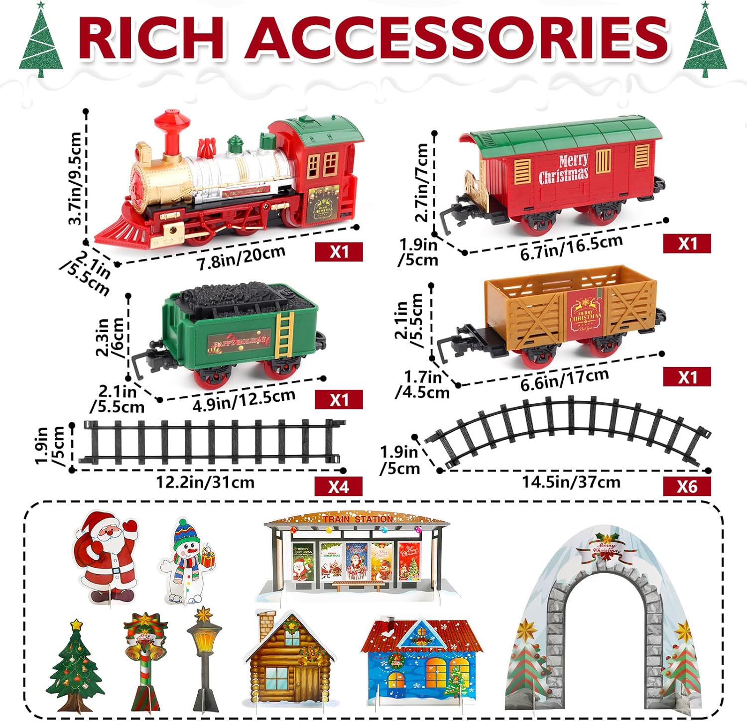 deAO Train Set for Christmas Tree,Classical Christmas Train Set with Headlight, Realistic Sounds, 4 Cars Carriage and Tracks, Best Gift for Christmas Décor Under The Christmas Tree