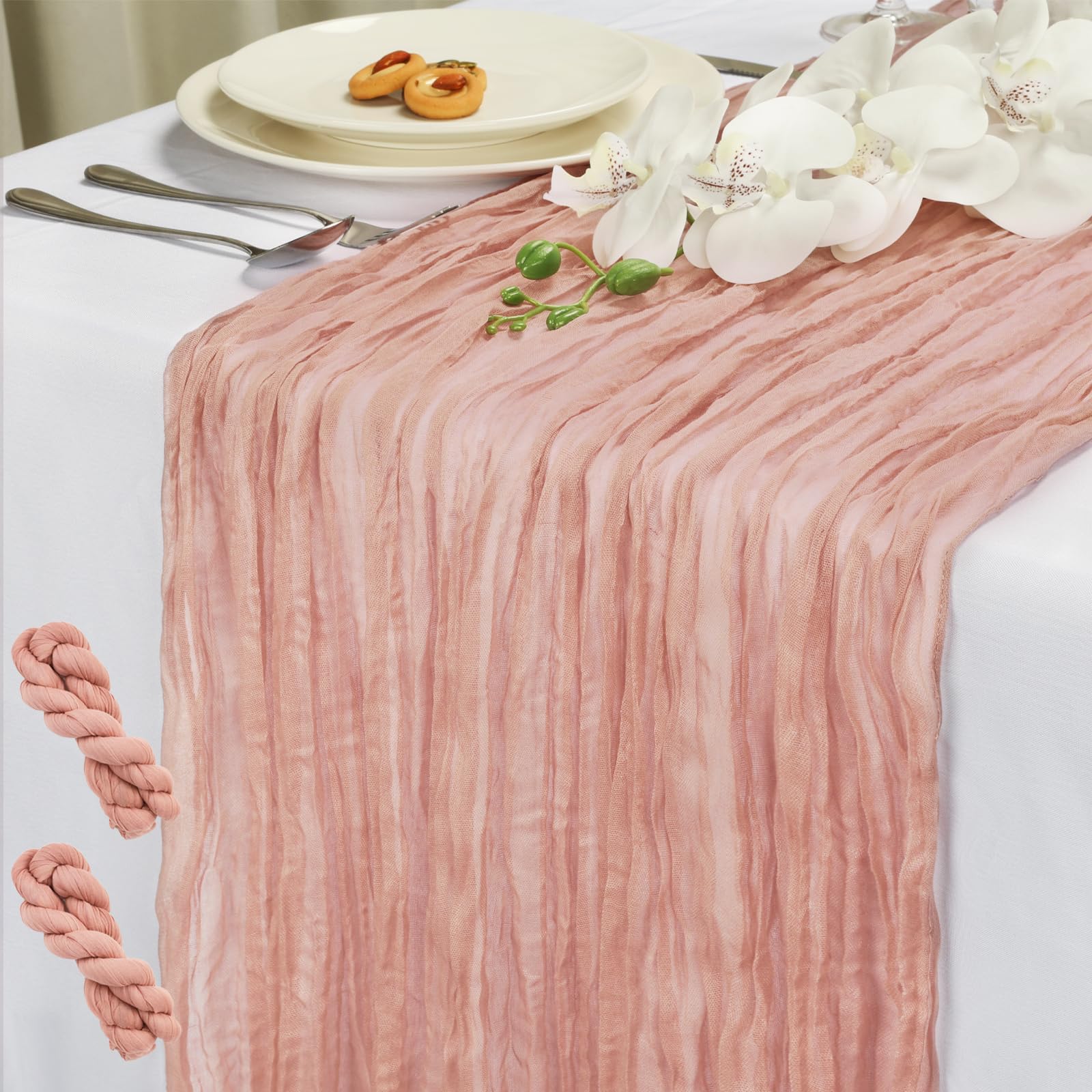 NESCCI 2 PCS Dusty Pink Table Runner,Rustic Boho Cheesecloth Table Runner,35x120 Inches Runners for Tables, Pefect for Mothers Day Wedding Baby Shower Birthday Party Home Decorations