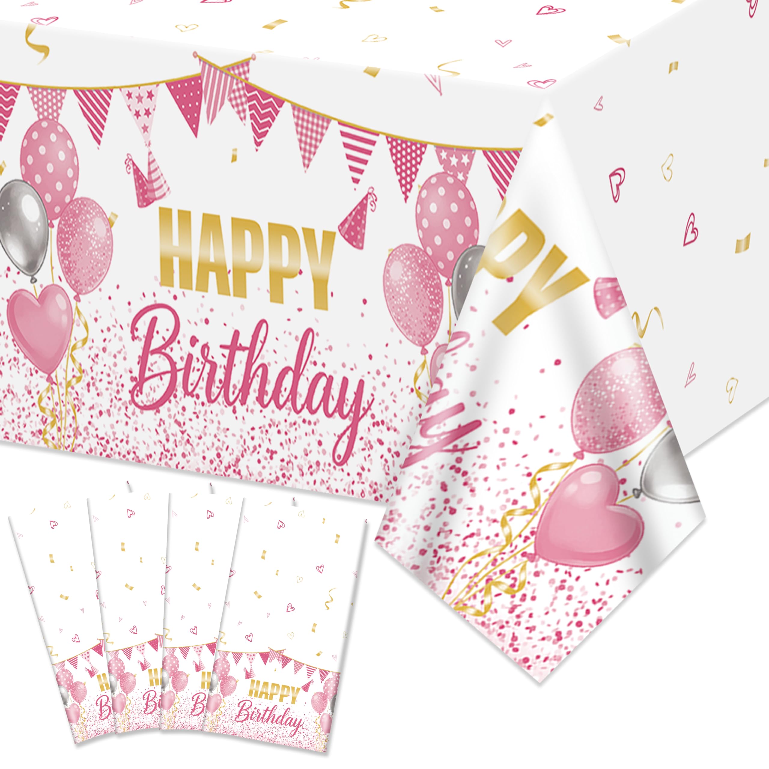 Hegbolke 4 Pack Happy Birthday Tablecloths, Waterproof Rectangle Pink Rose Gold Tablecloths for Girl Happy Birthday Party Decorations Baby Shower Indoor Outdoor Party Supplies, 130 x 220 cm