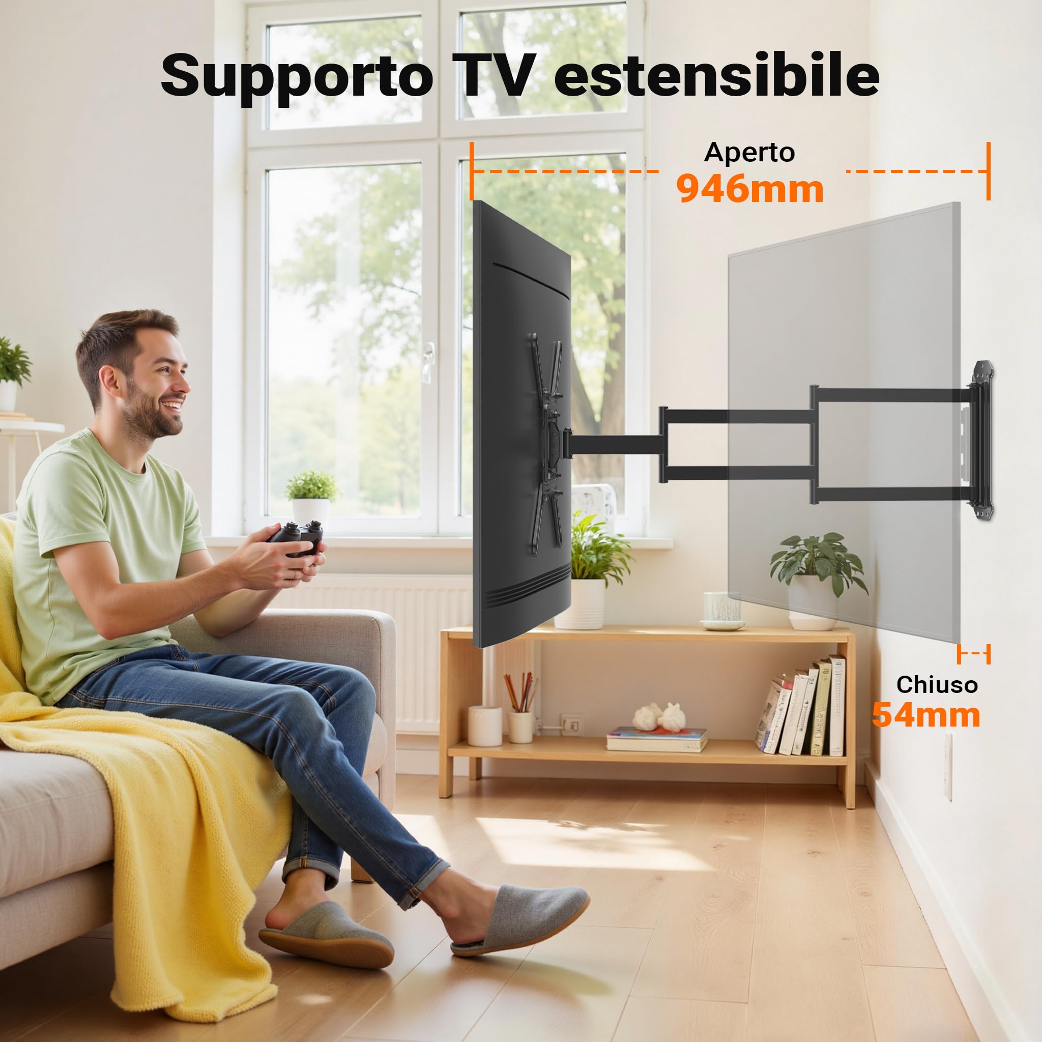 Wiltec Supporto TV 23“-65”, staffa porta TV a muro orientabile con portata fino a 35 kg, braccio porta schermo salvaspazio