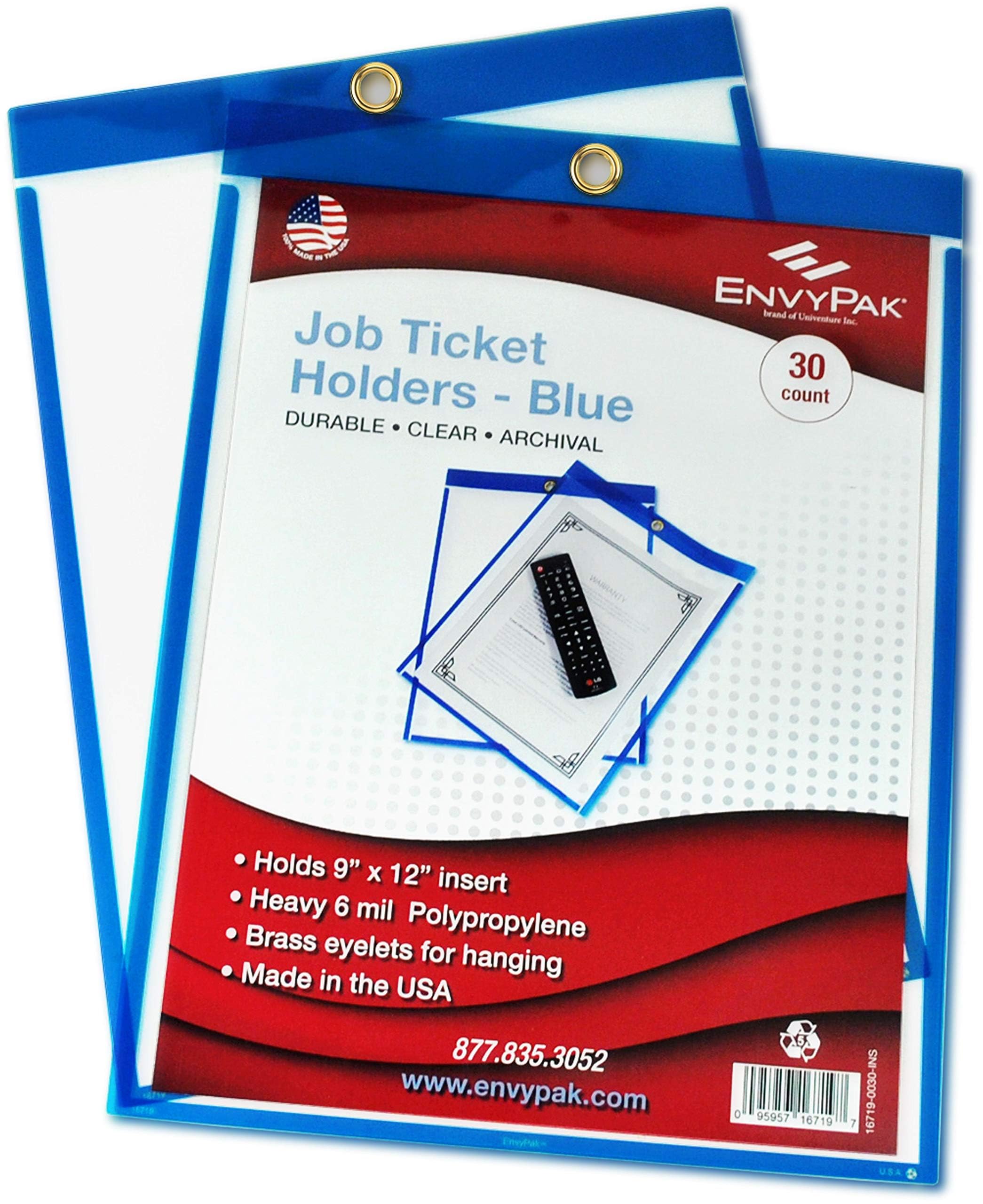 EnvyPak Job Ticket Holders - 9"x12" - Pack of 30 (Blue) Top-Loading with Eyelet for Hanging