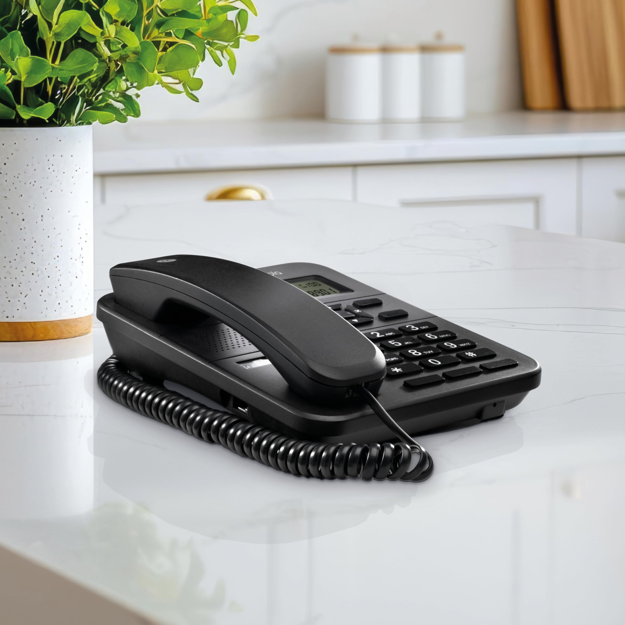 Motorola Voice - Téléphone filaire CT202, 10 touches mémoire, haut-parleur mains libres, musique d'attente, identification de l'appelant, recomposition du dernier numéro - Noir